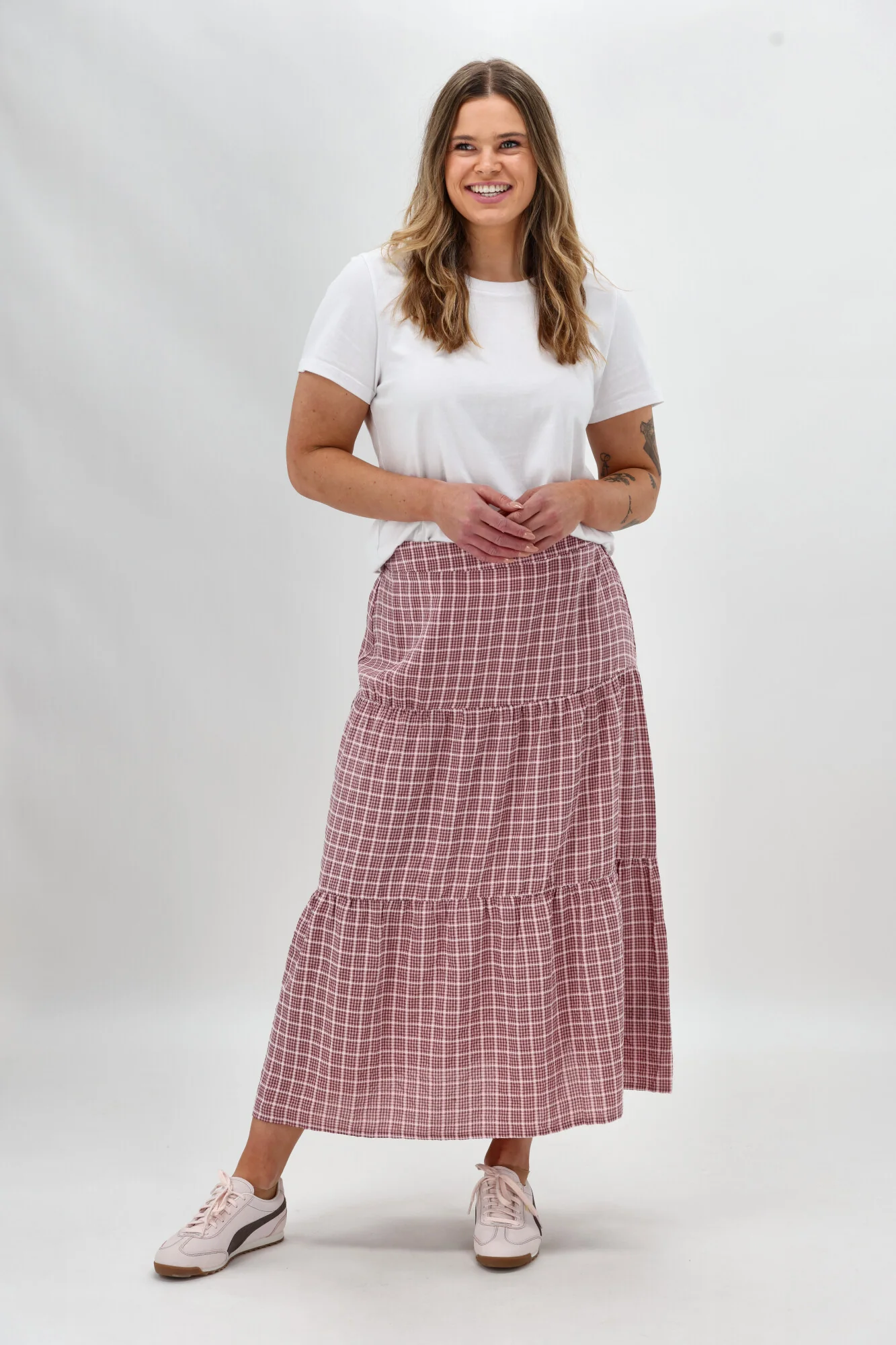 Shine On Label Siemina Tiered Skirt Pink Chocolate Check - Image 3