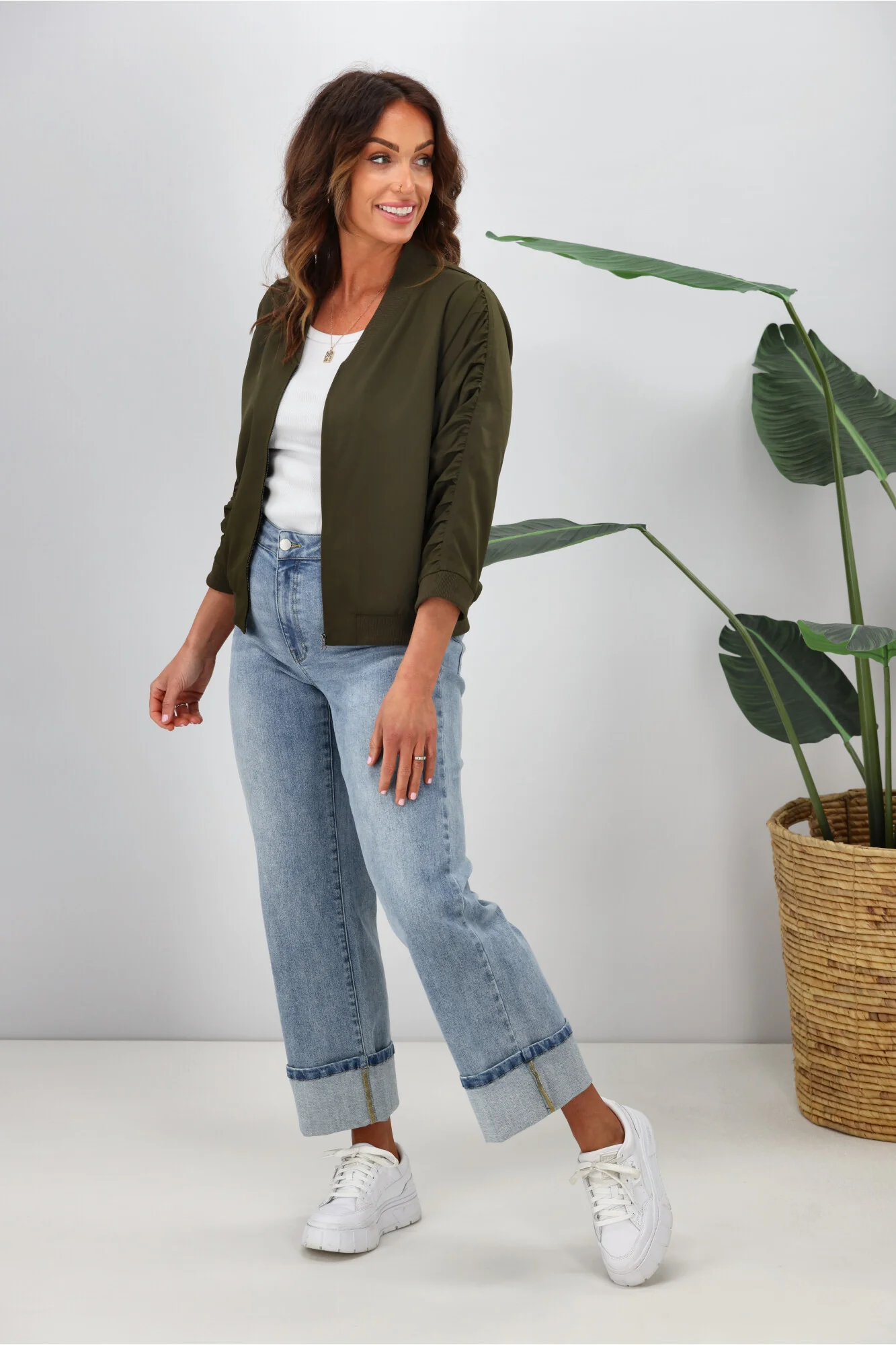 Shine On Label Silvina Gathered Sleeve Bomber Jacket Olive - Image 5