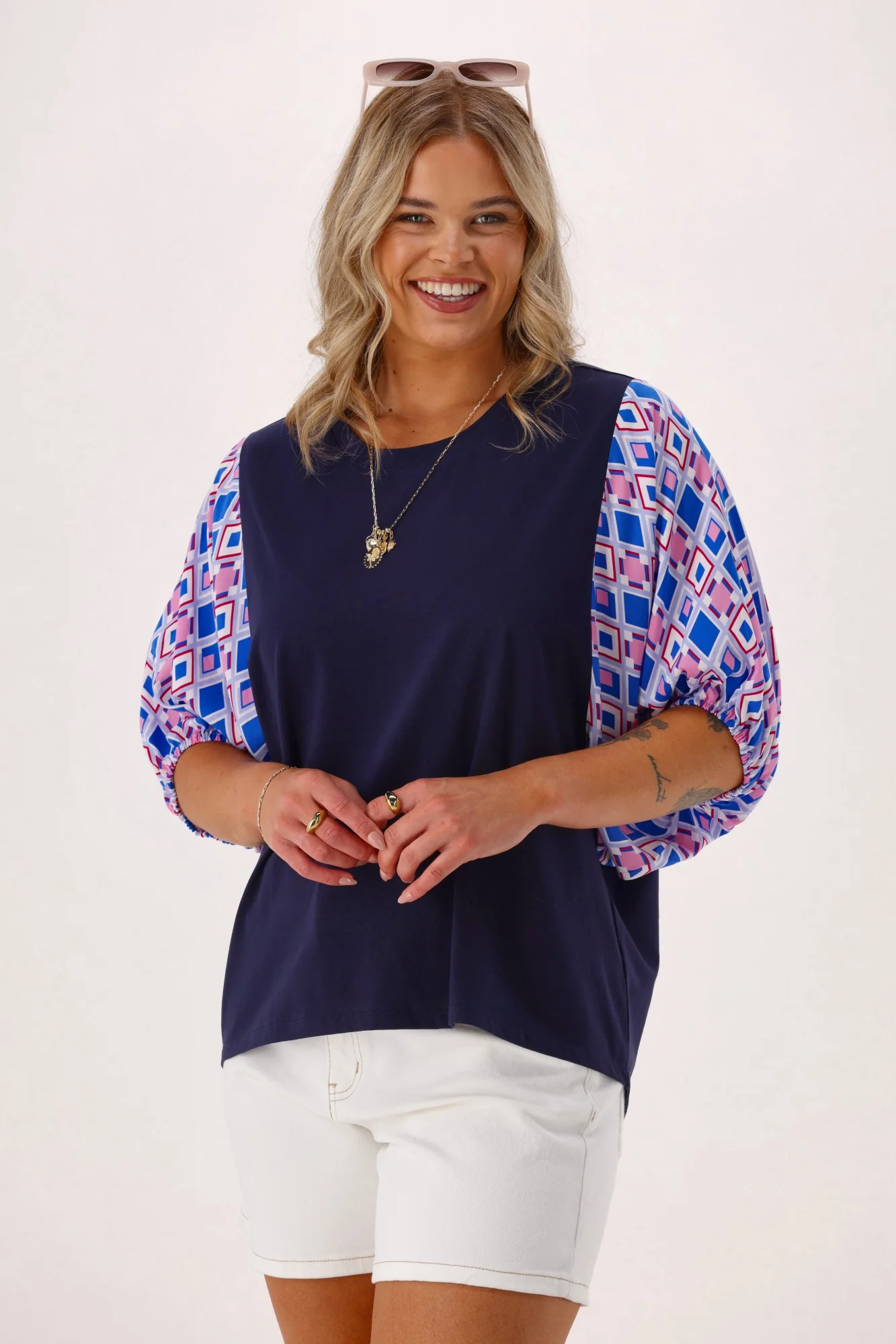 Shine On Label Sirocco Contrast Sleeve Top Navy - Image 2