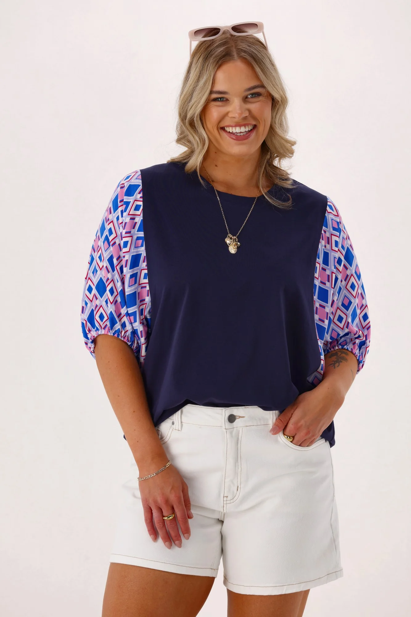 Shine On Label Sirocco Contrast Sleeve Top Navy - Image 9