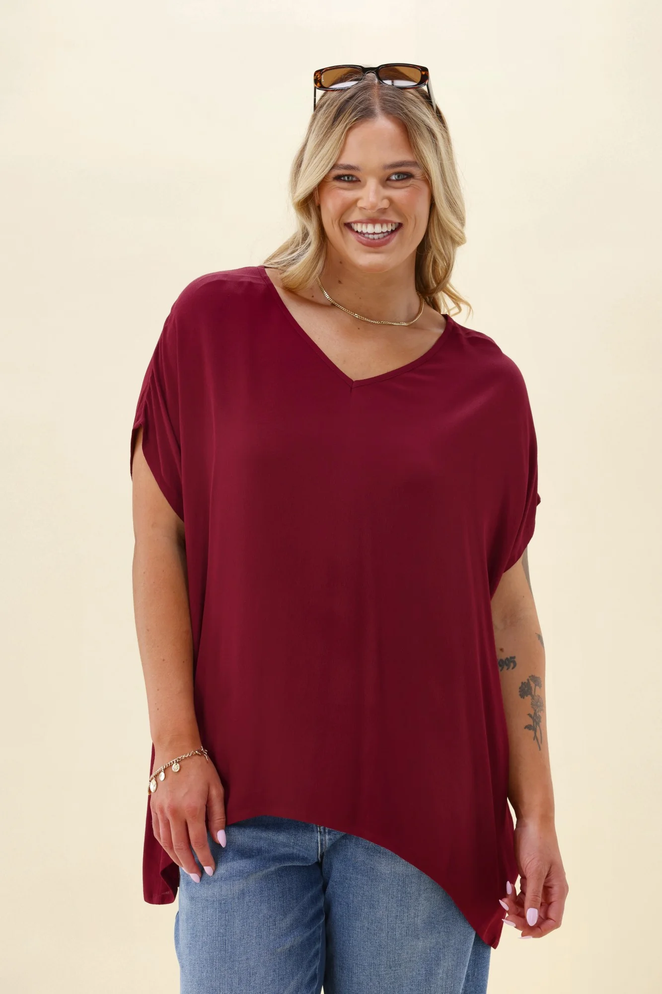 Shine On Label Summer Essential Drape V Neck Top Wine