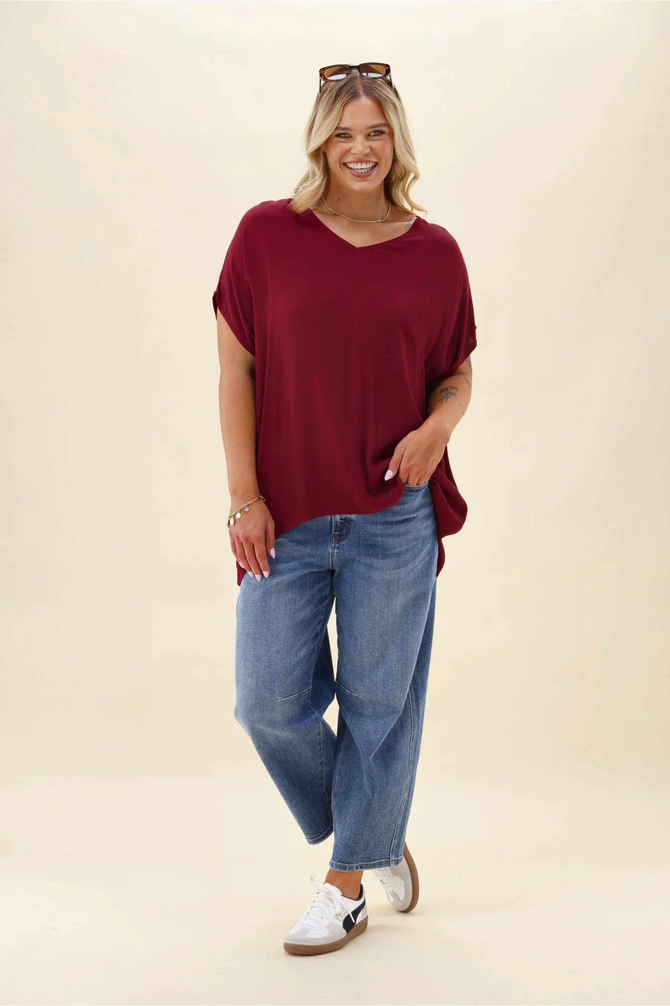 Shine On Label Summer Essential Drape V Neck Top Wine - Image 4