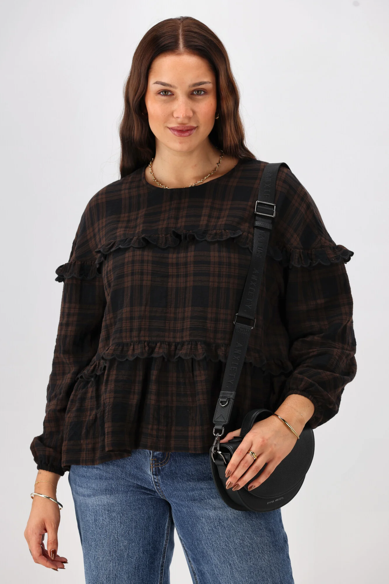Shine On Label Teydey Ruffle Top Chocolate Check