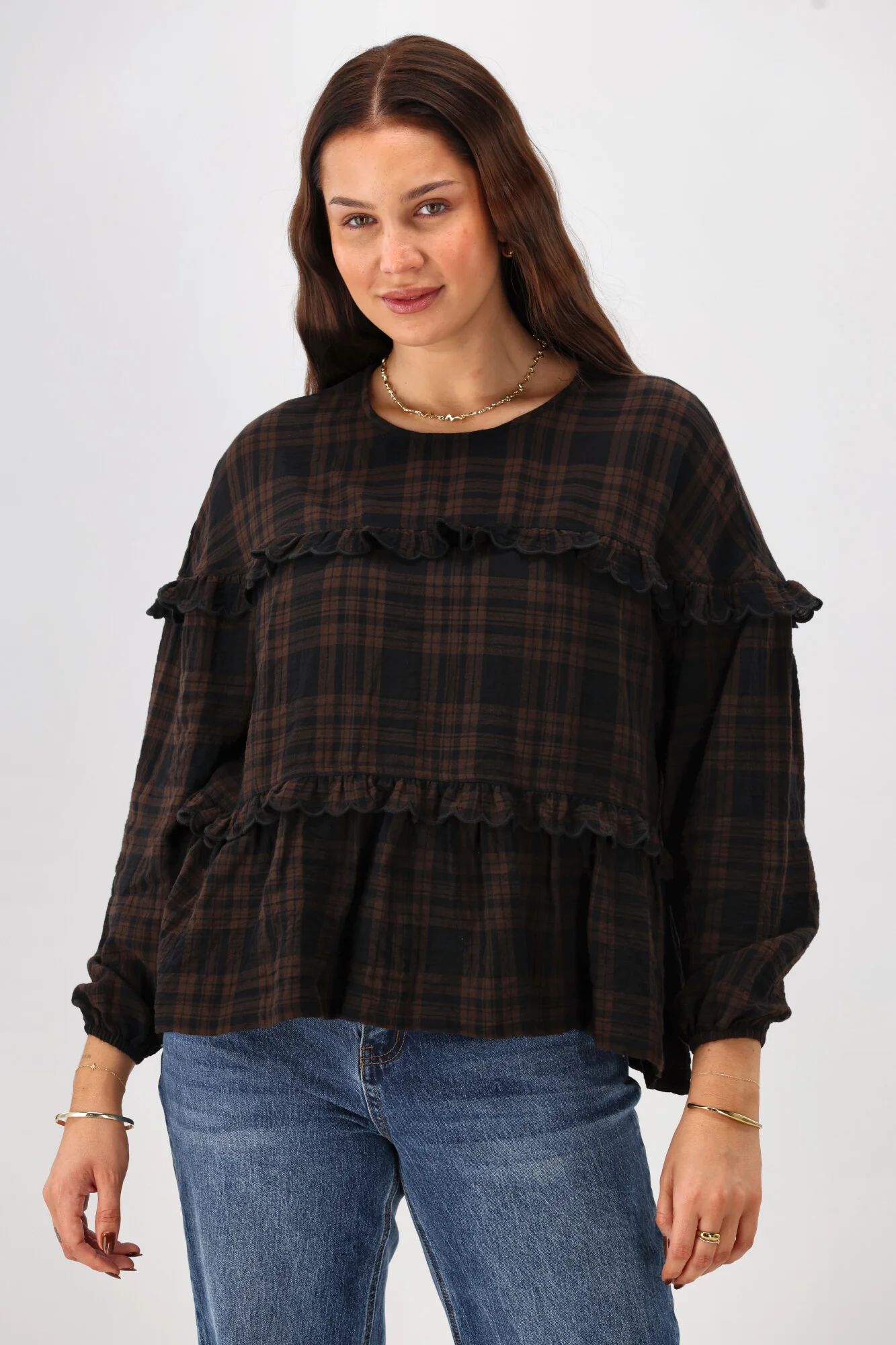 Shine On Label Teydey Ruffle Top Chocolate Check - Image 2