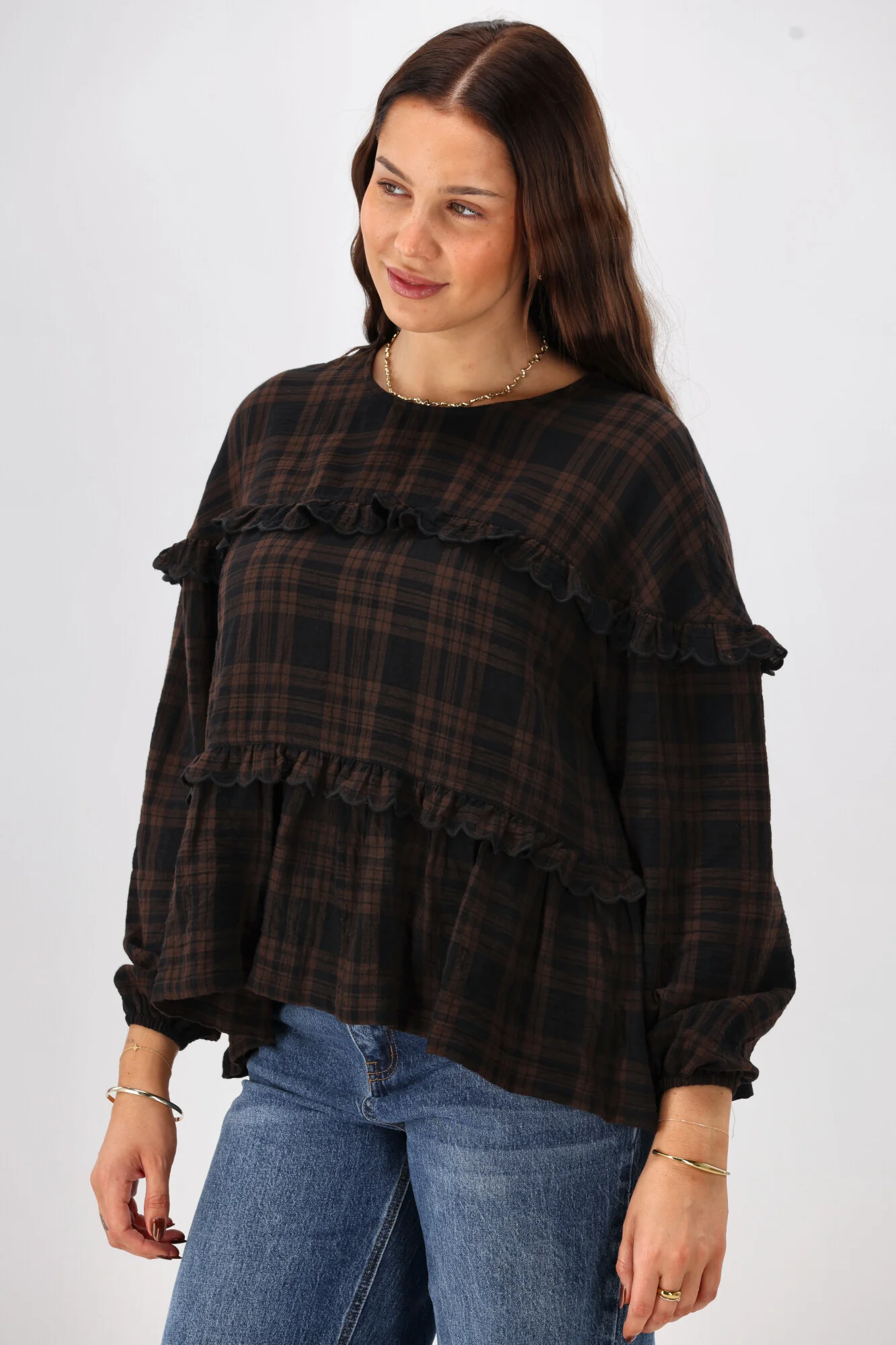 Shine On Label Teydey Ruffle Top Chocolate Check - Image 3
