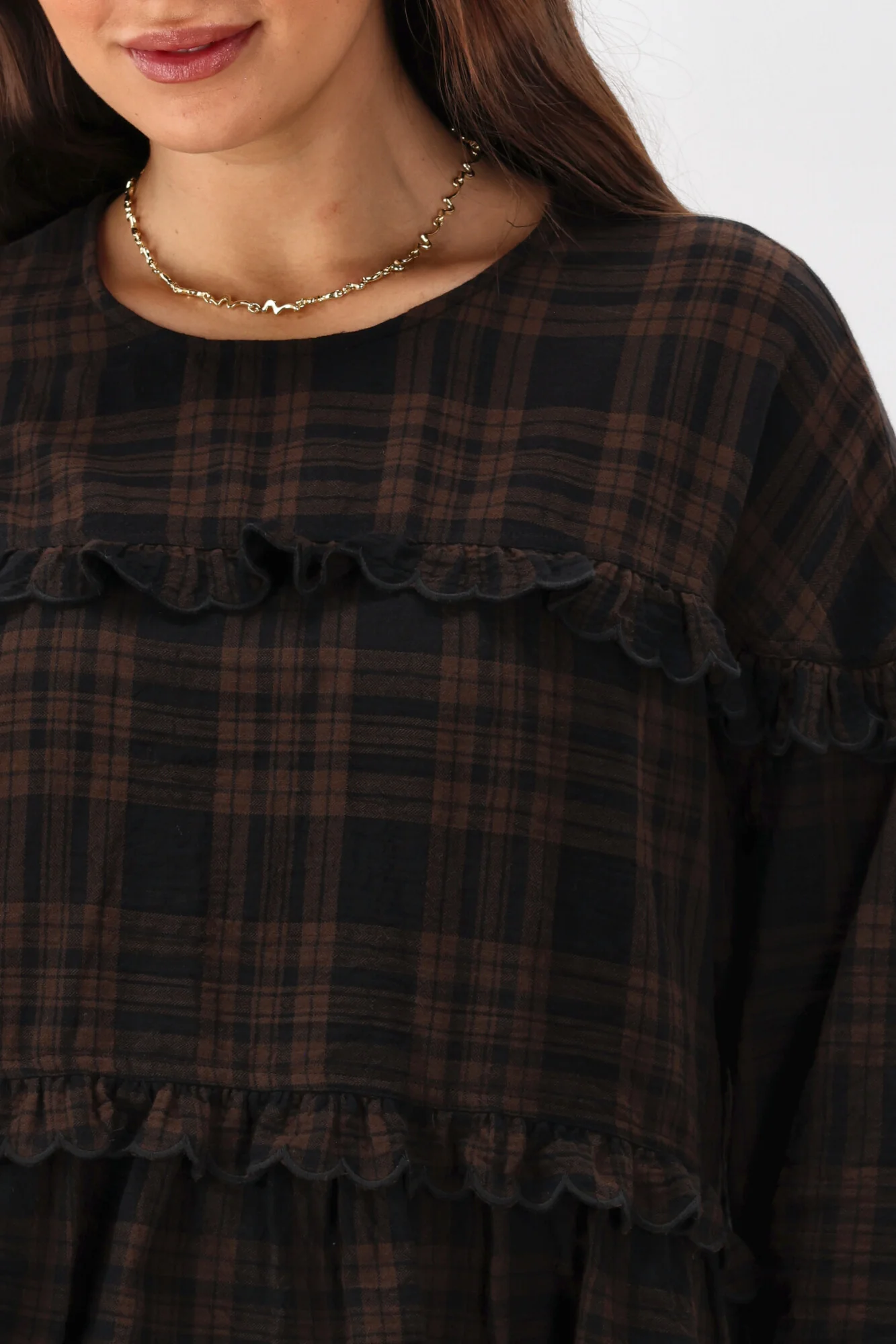 Shine On Label Teydey Ruffle Top Chocolate Check - Image 4