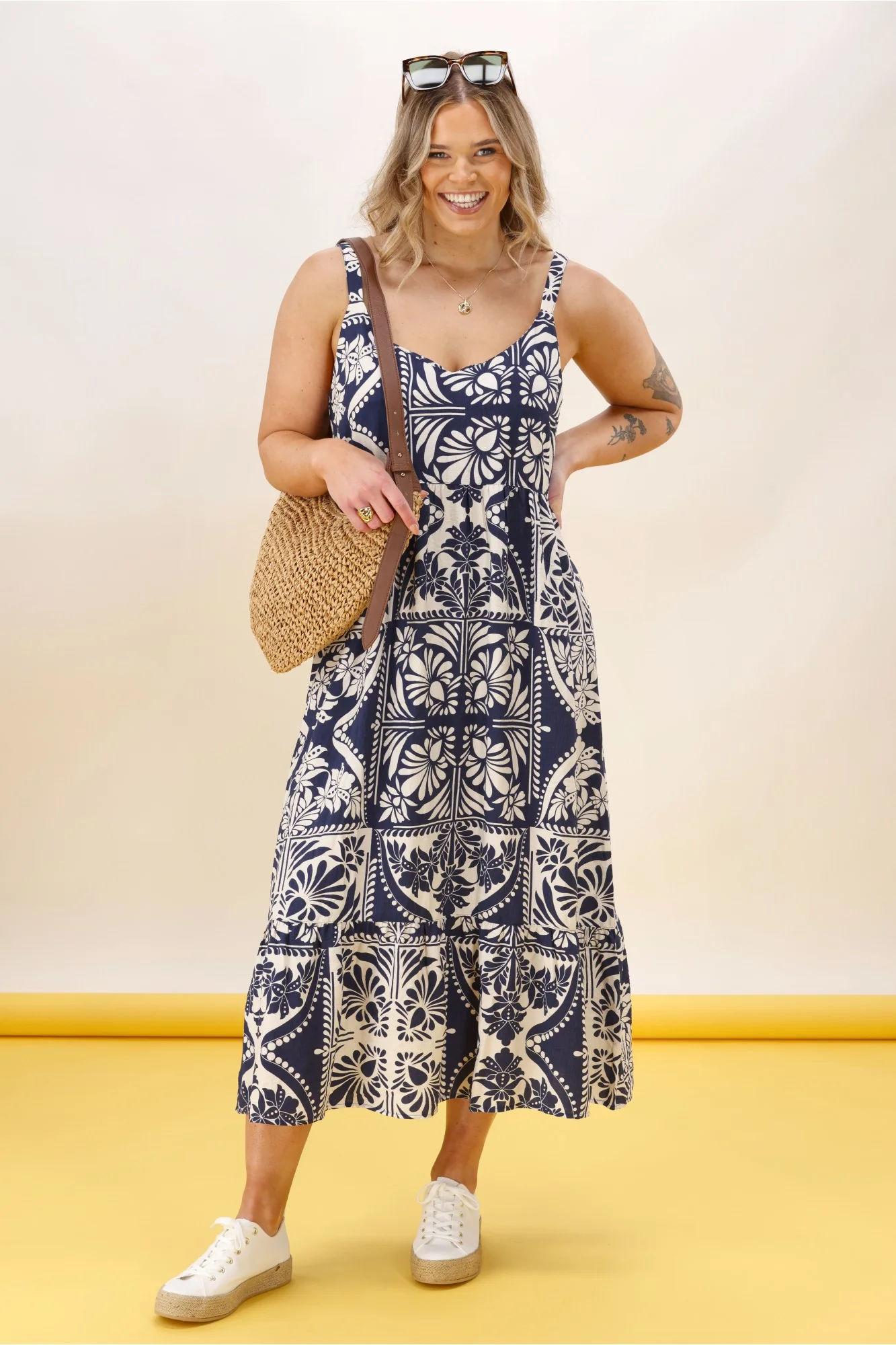 Shine On Label Trellis Sundress Blue White Geo - Image 3