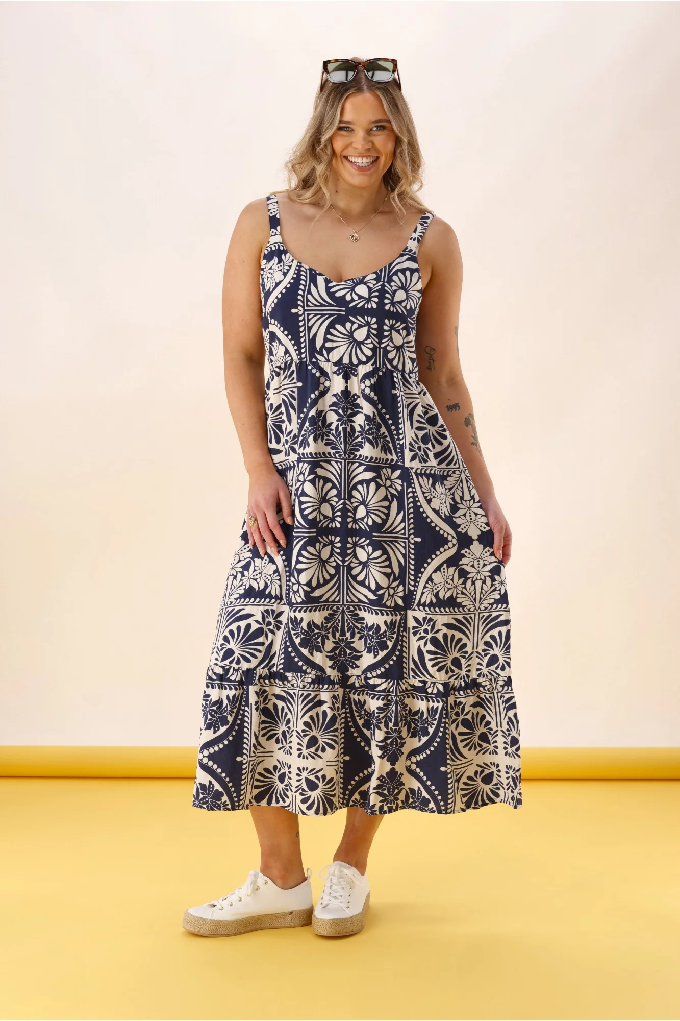 Shine On Label Trellis Sundress Blue White Geo - Image 5