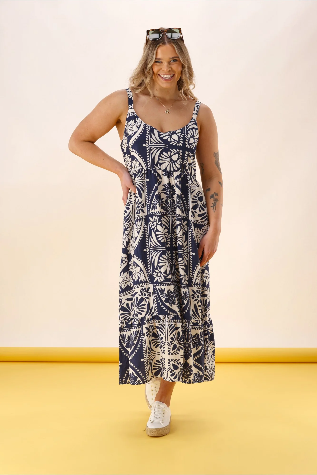 Shine On Label Trellis Sundress Blue White Geo - Image 6