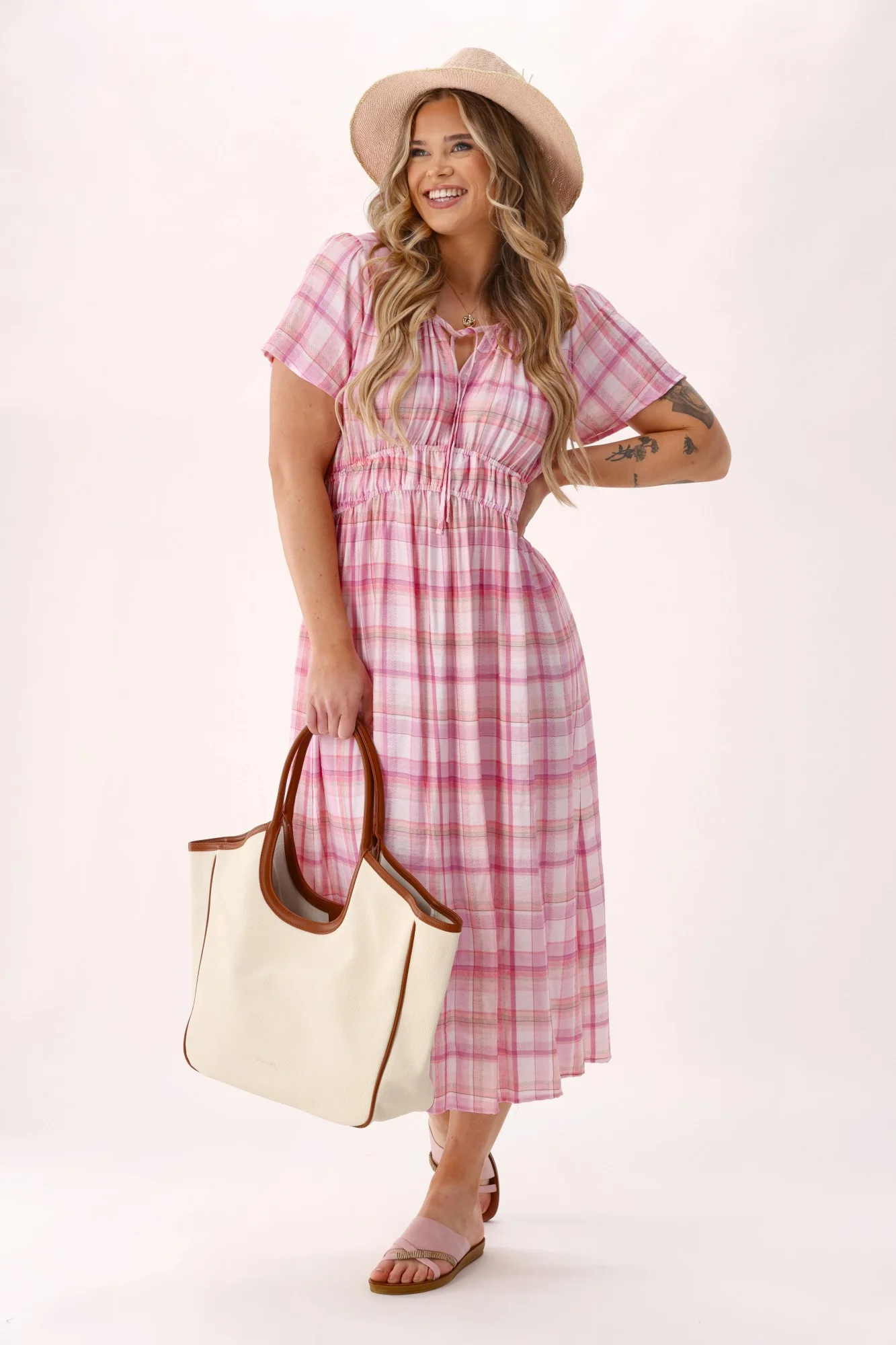 Shine On Label Valerie Empire Detail Dress Pink Check