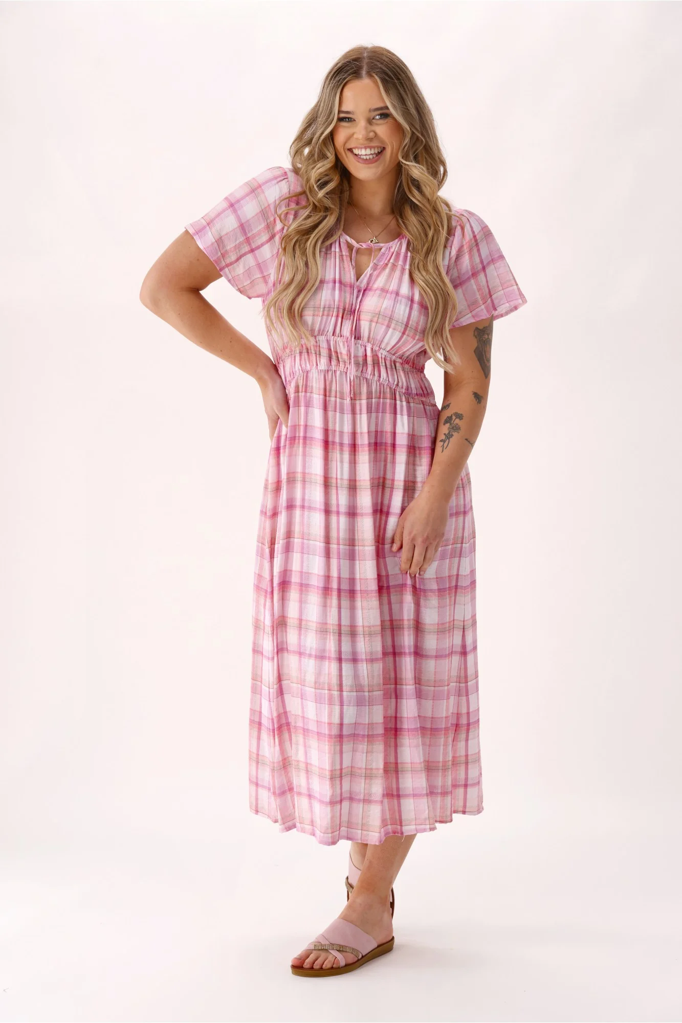 Shine On Label Valerie Empire Detail Dress Pink Check - Image 3