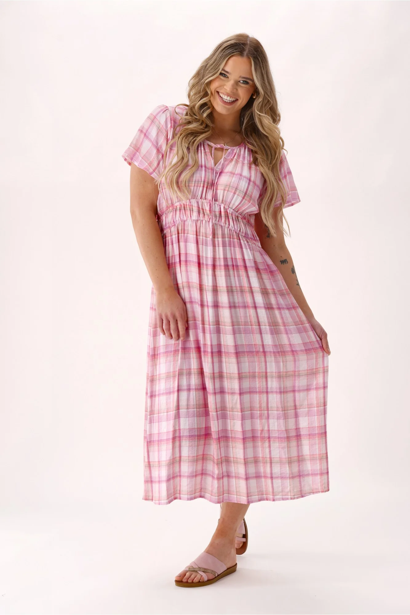 Shine On Label Valerie Empire Detail Dress Pink Check - Image 5