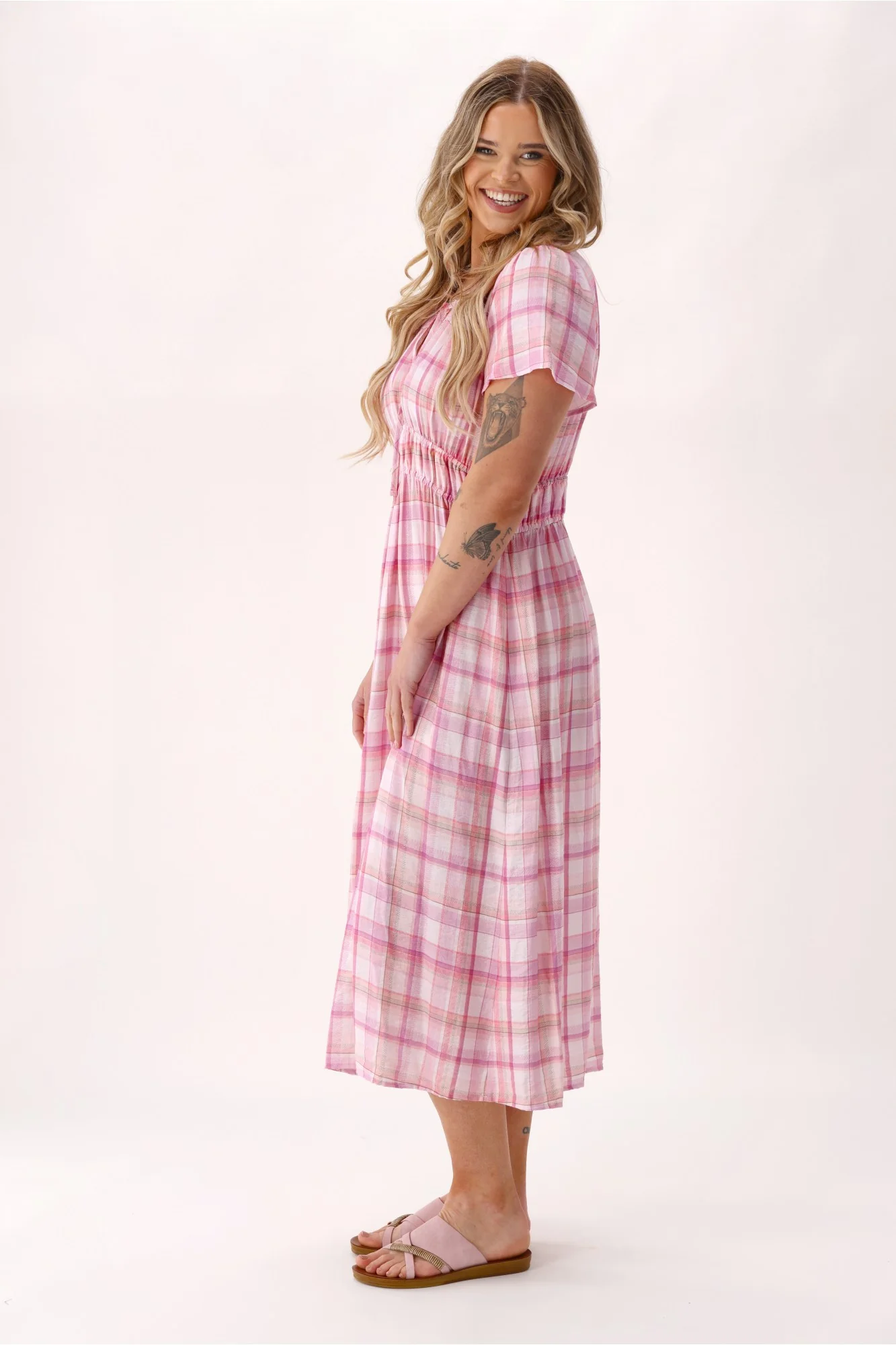 Shine On Label Valerie Empire Detail Dress Pink Check - Image 6