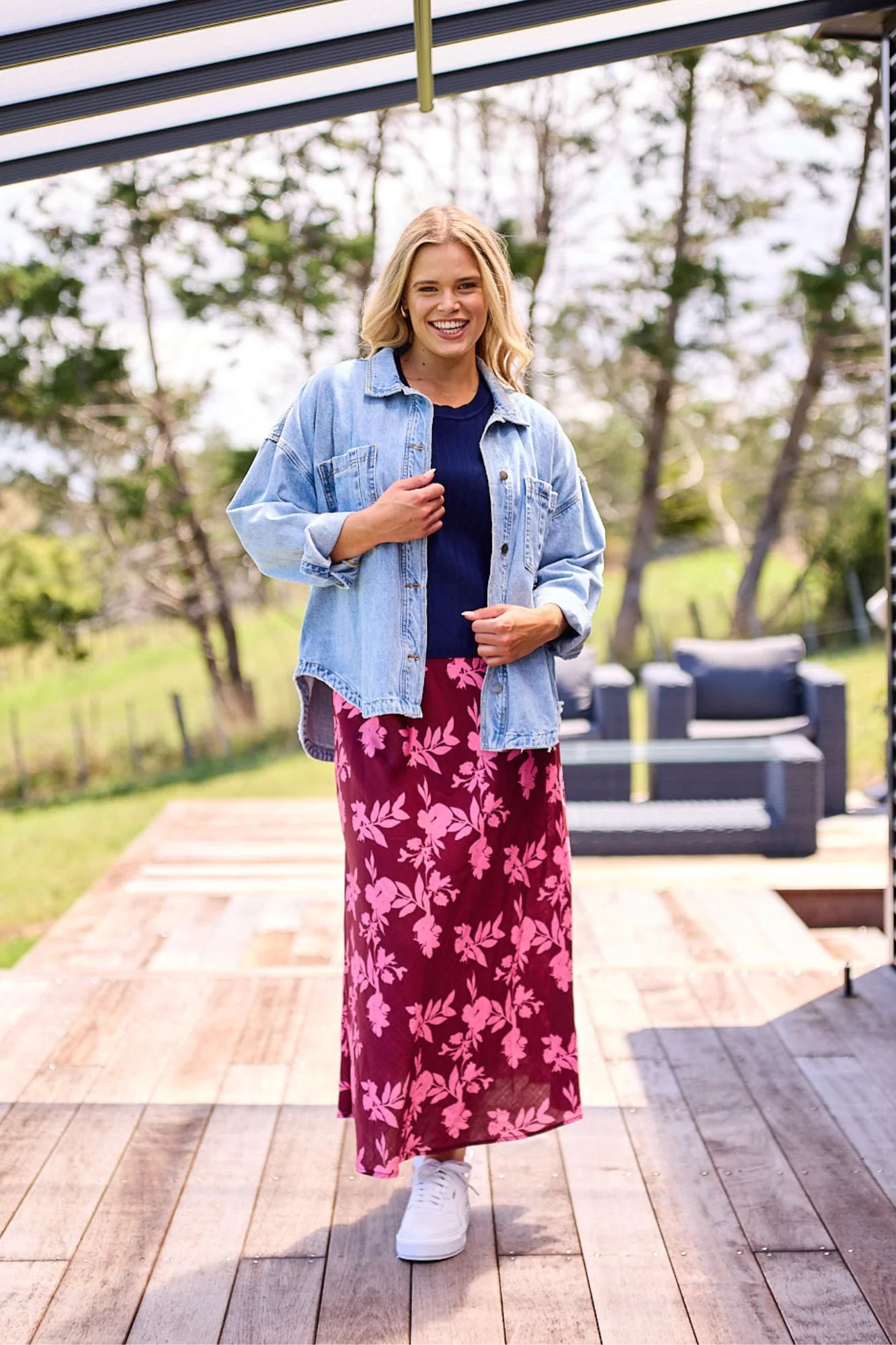 Shine On Label Venetia Bias Skirt Wine Pink Floral