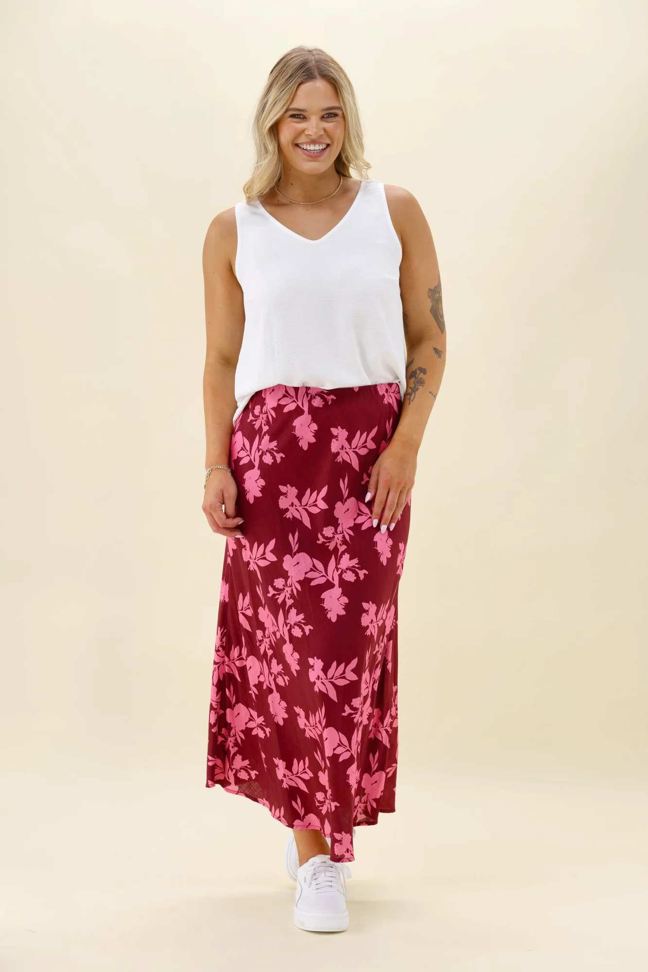 Shine On Label Venetia Bias Skirt Wine Pink Floral - Image 3