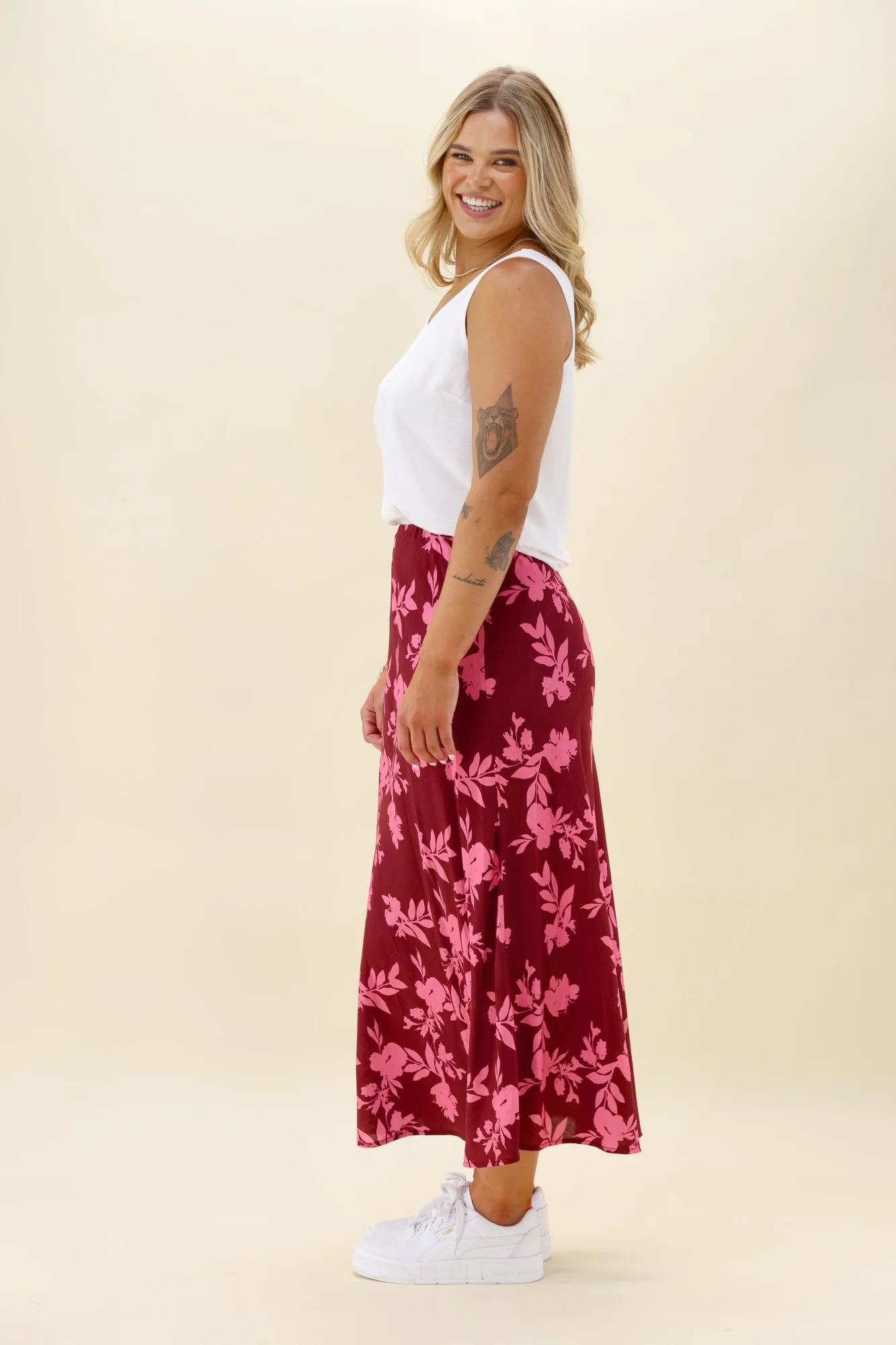 Shine On Label Venetia Bias Skirt Wine Pink Floral - Image 4