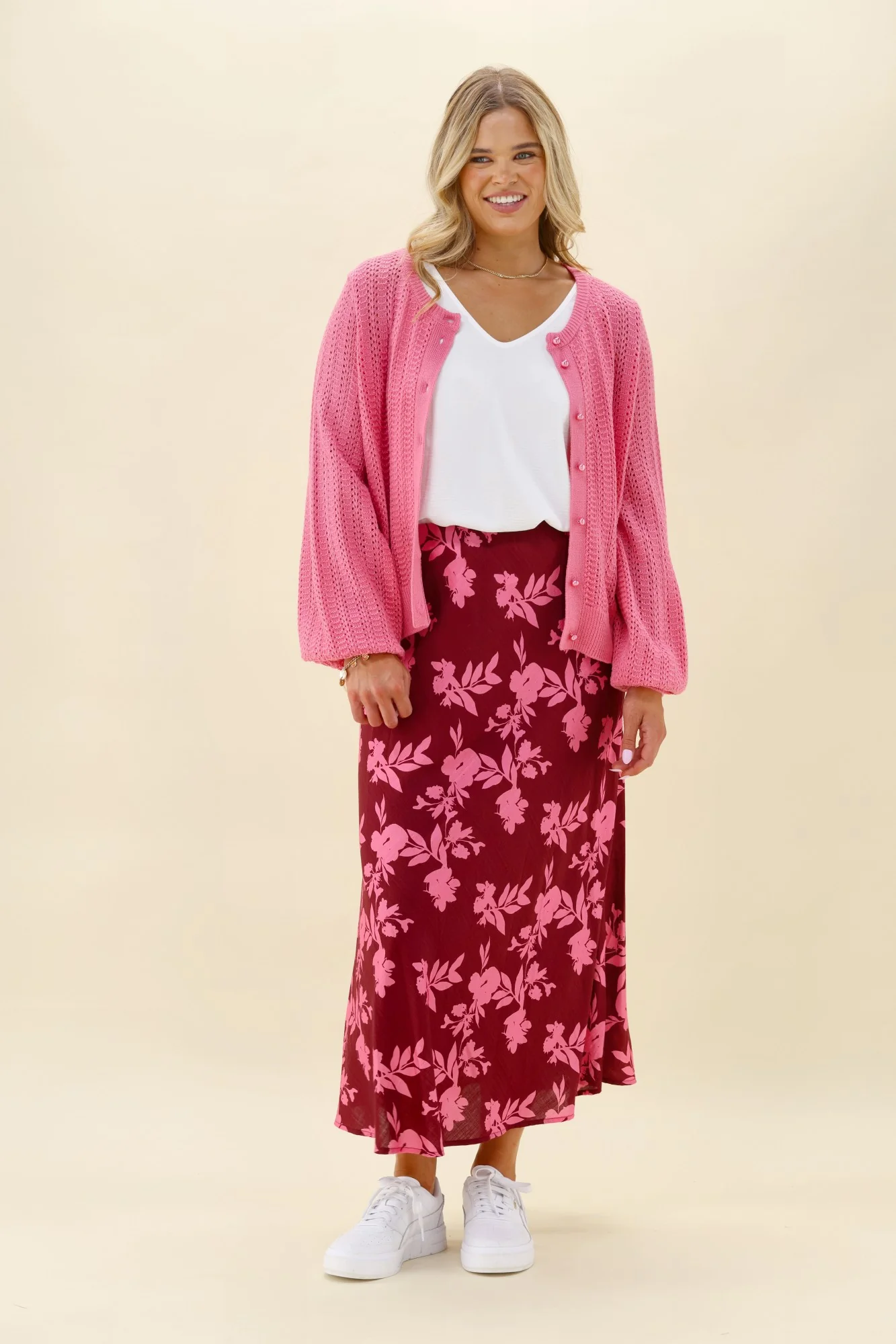 Shine On Label Venetia Bias Skirt Wine Pink Floral - Image 5