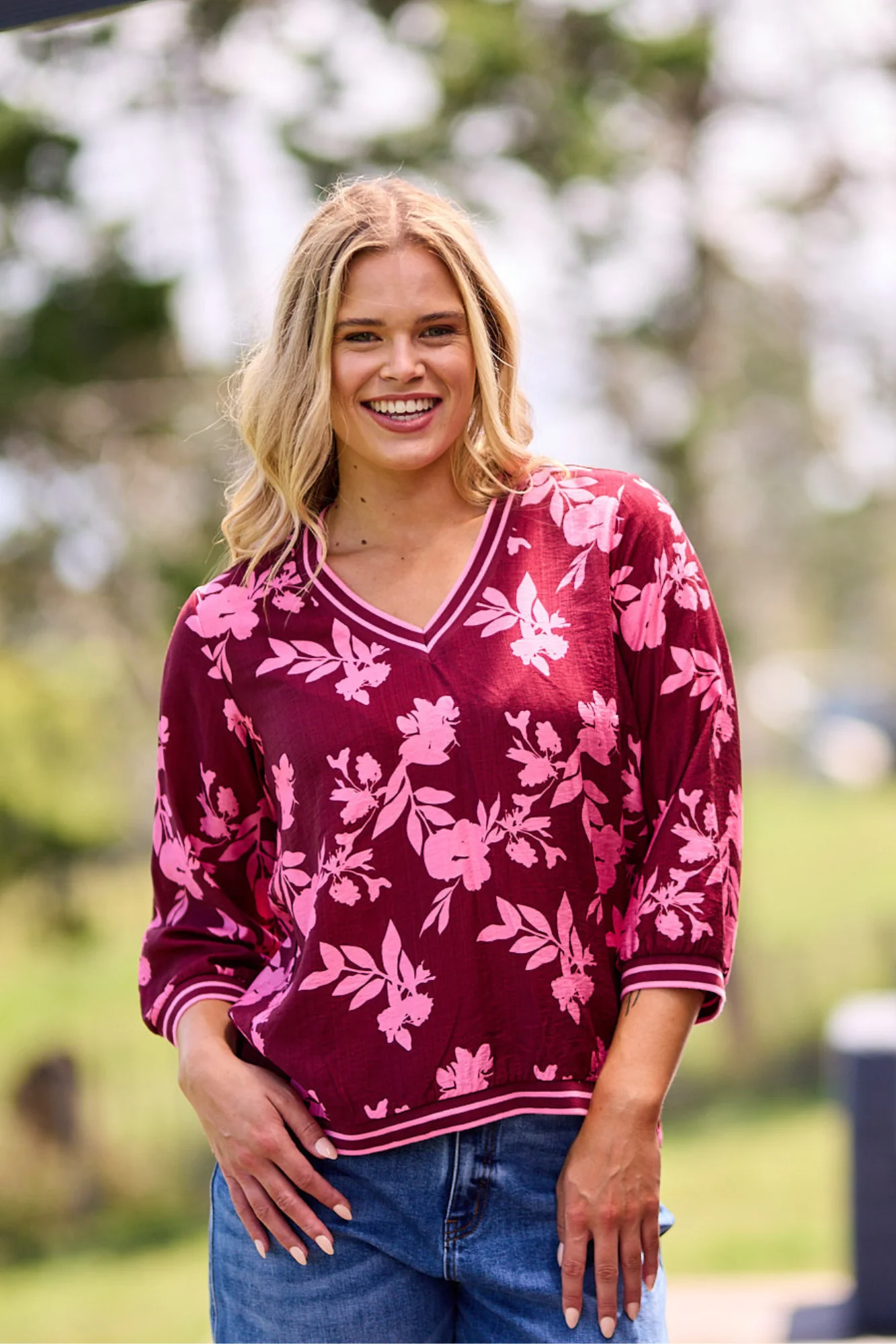 Shine On Label Venetia Top Wine Pink Floral