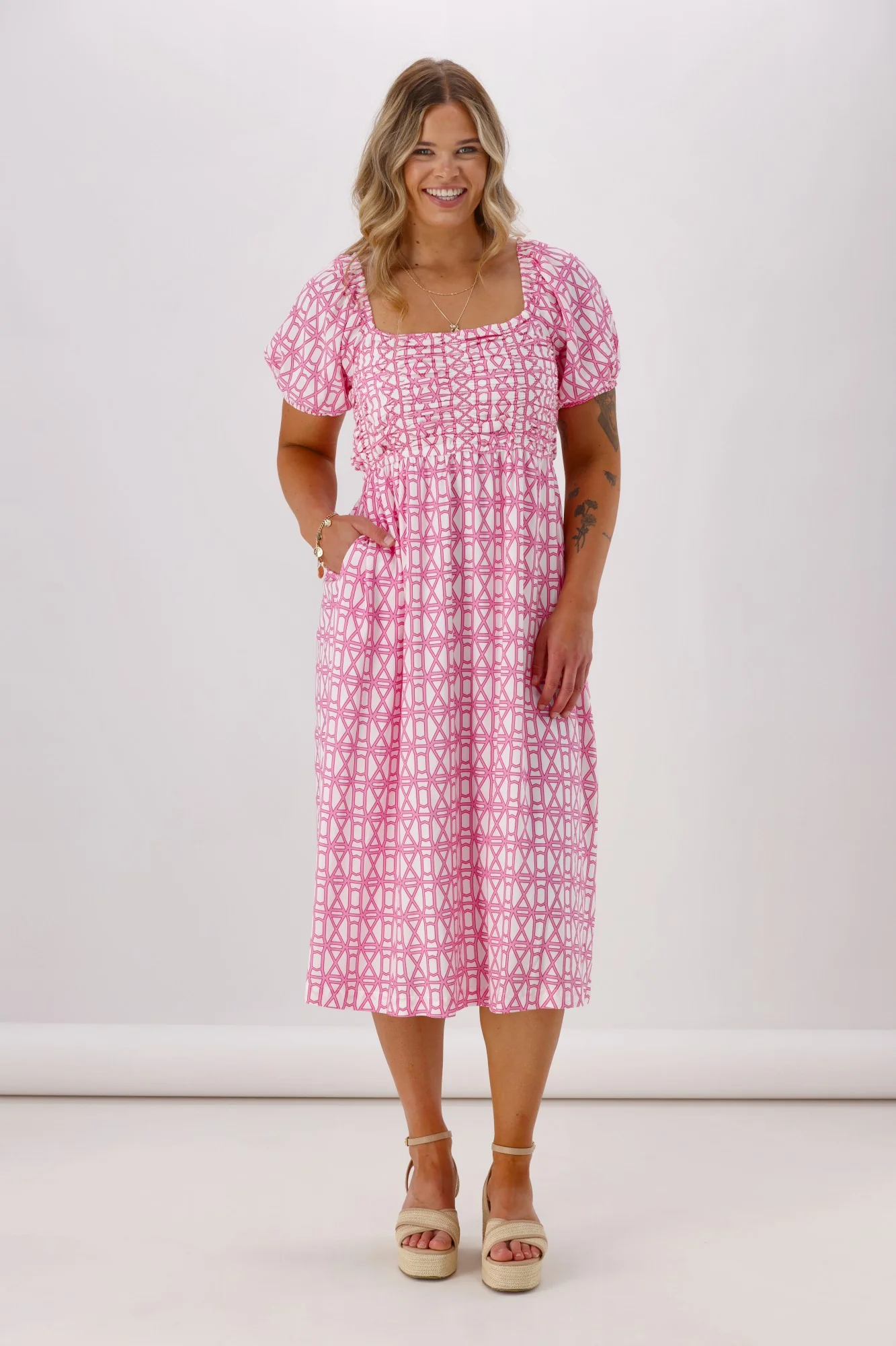 Shine On Label Yumi Dress Pink White Geo - Image 2
