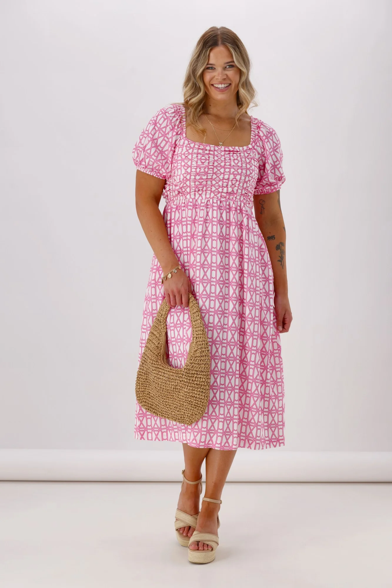 Shine On Label Yumi Dress Pink White Geo - Image 3