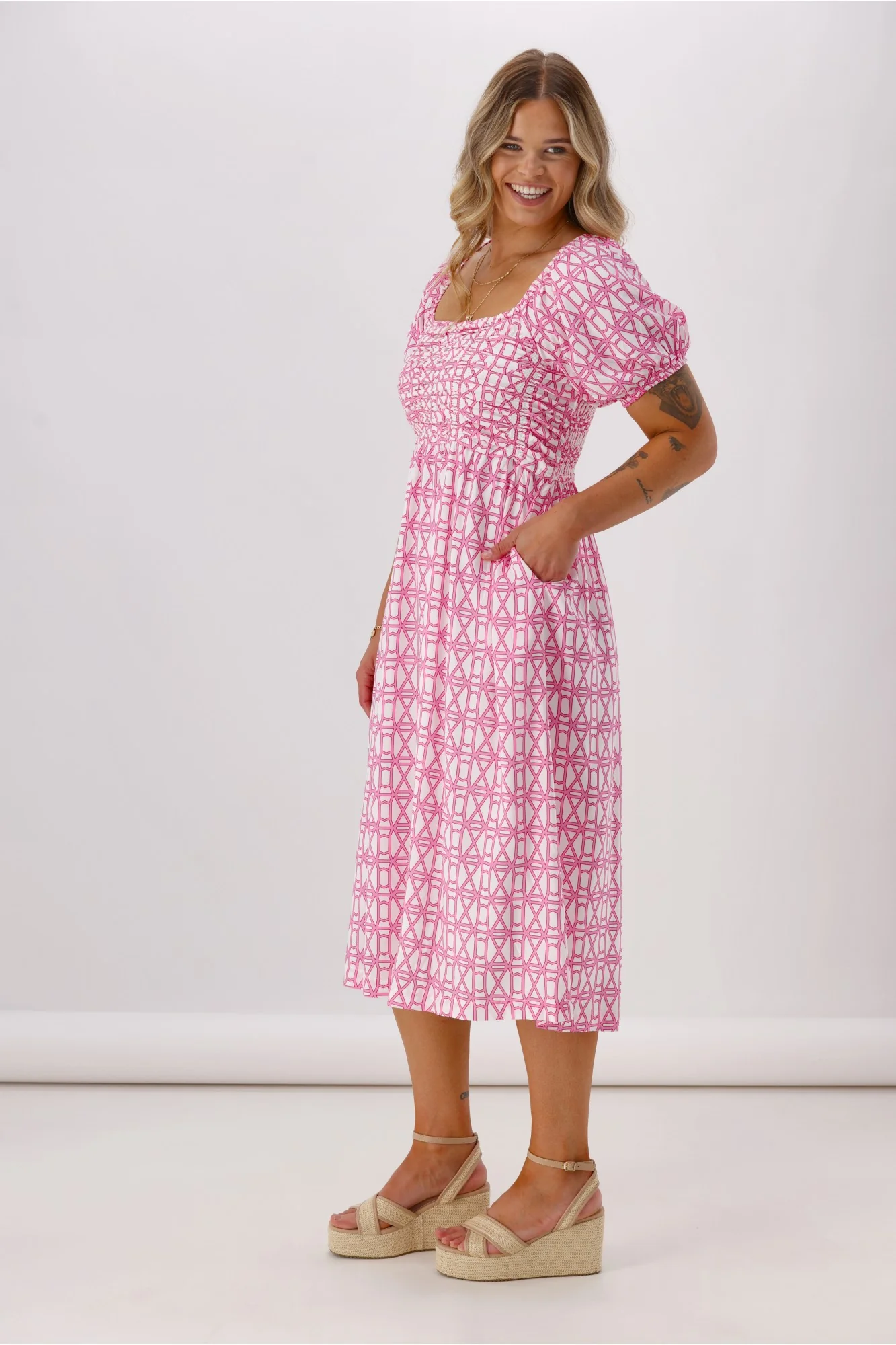 Shine On Label Yumi Dress Pink White Geo - Image 5