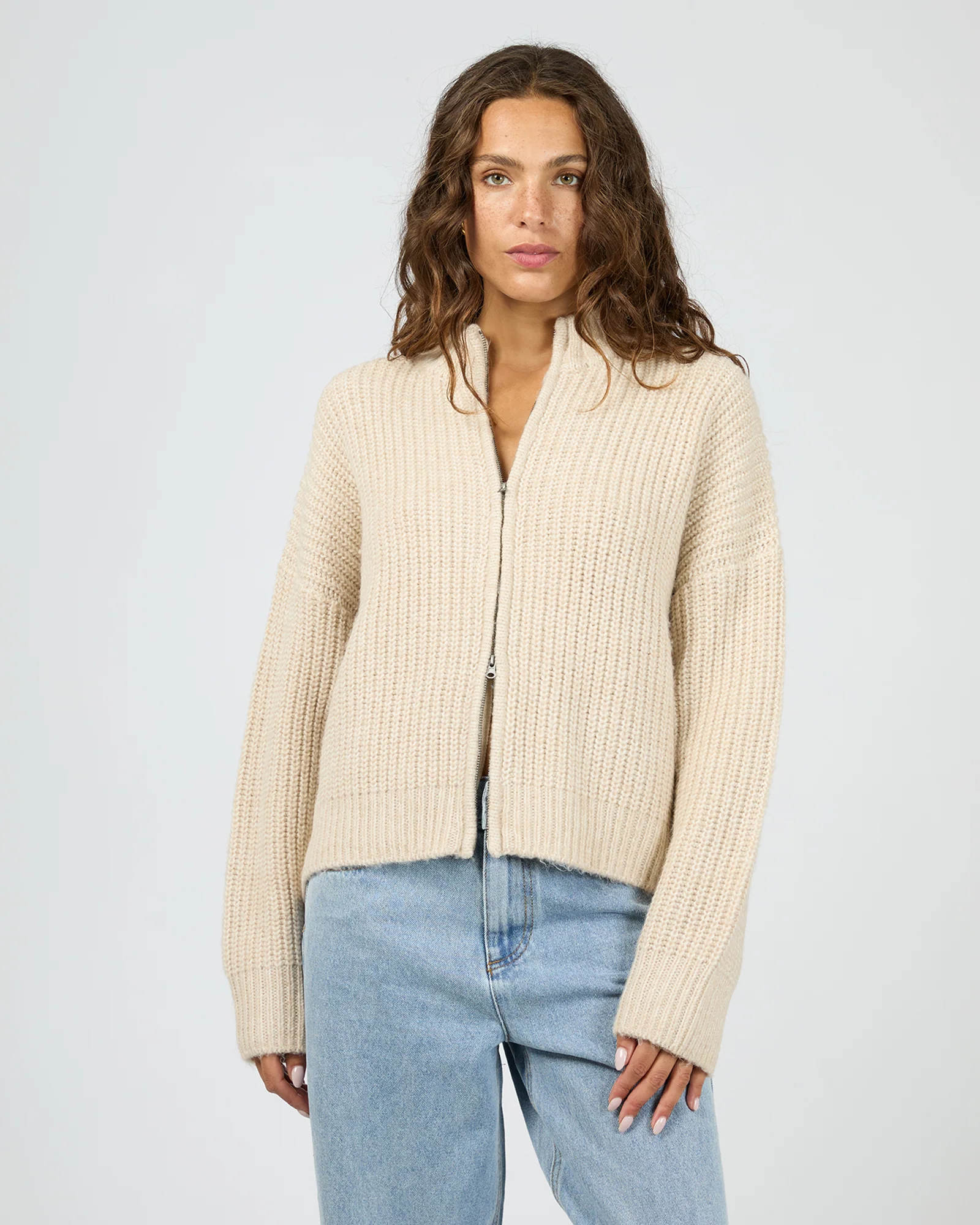 Silent Theory Maple Zip Thru Knit Jumper Natural - Image 2