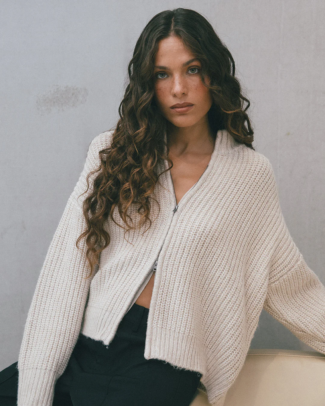 Silent Theory Maple Zip Thru Knit Jumper Natural - Image 3