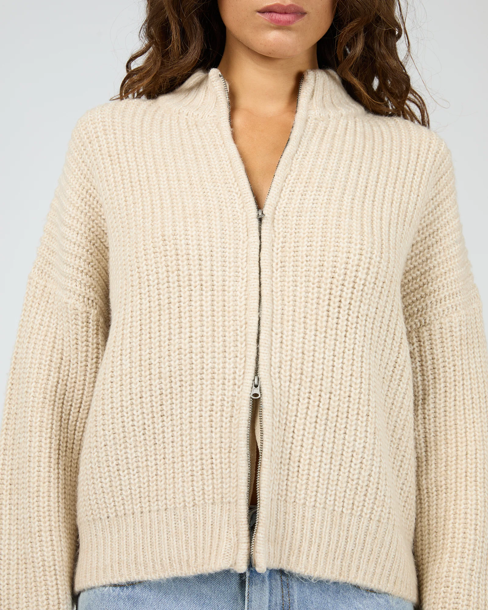 Silent Theory Maple Zip Thru Knit Jumper Natural - Image 4