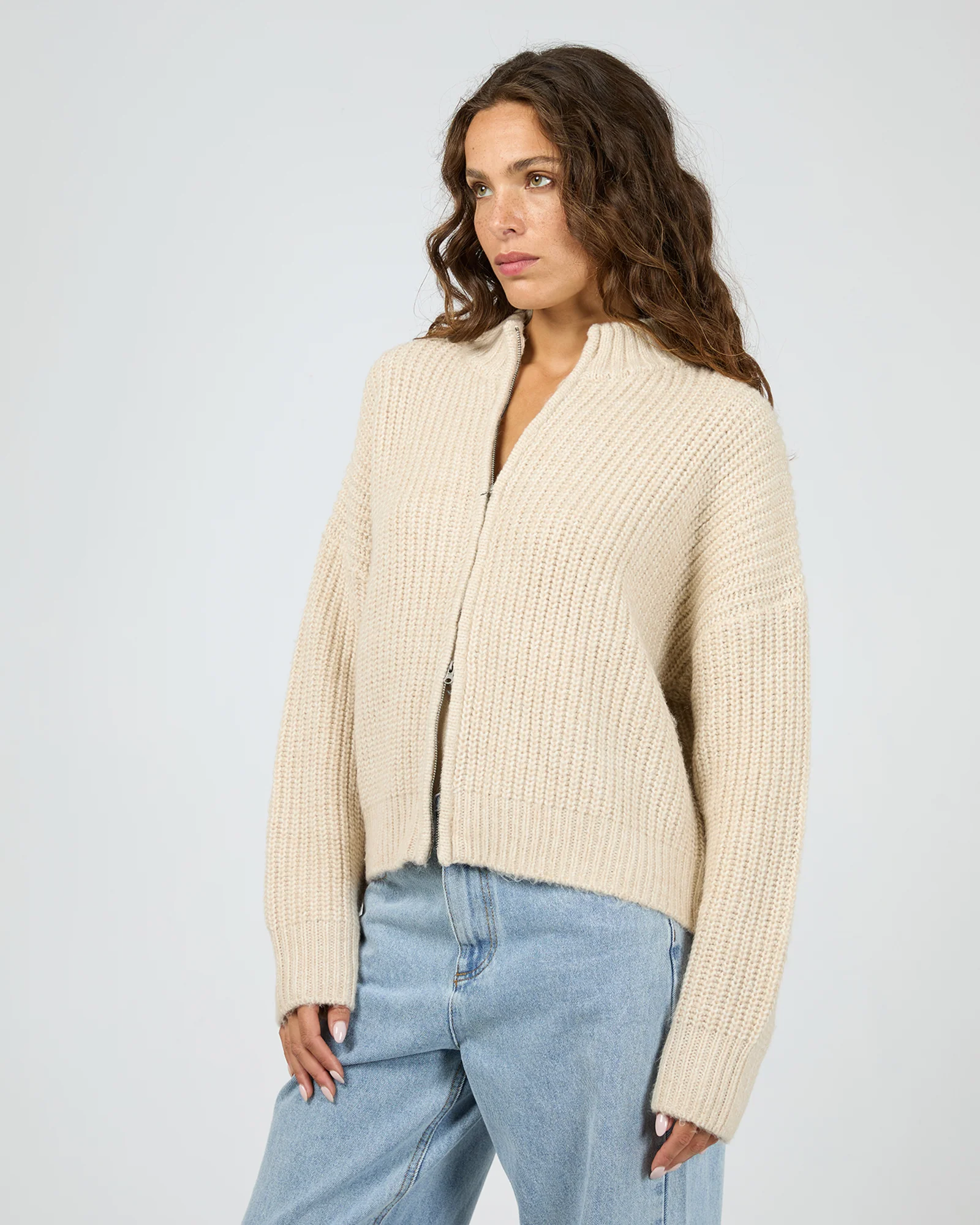 Silent Theory Maple Zip Thru Knit Jumper Natural - Image 7