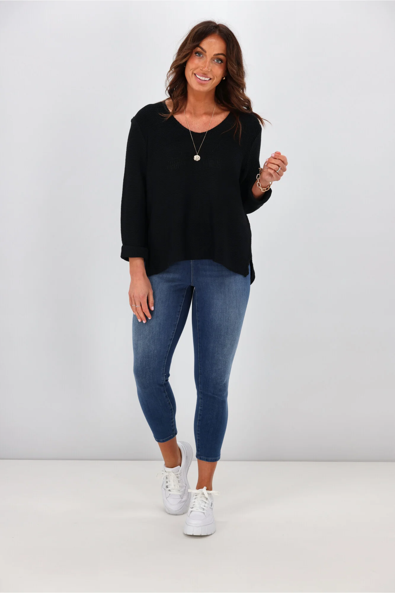 Silver Wishes Roll Up Sleeve Knit Top Black - Image 2
