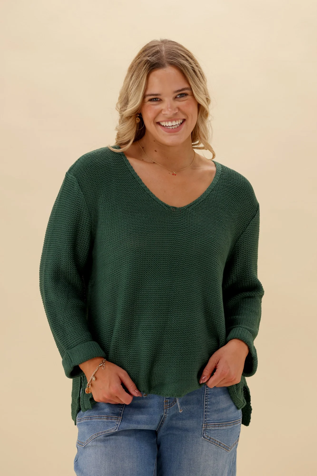 Silver Wishes Roll Up Sleeve Knit Top Emerald - Image 2