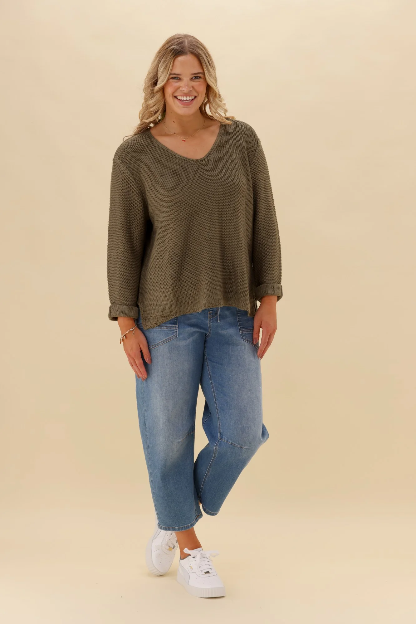 Silver Wishes Roll Up Sleeve Knit Top Khaki