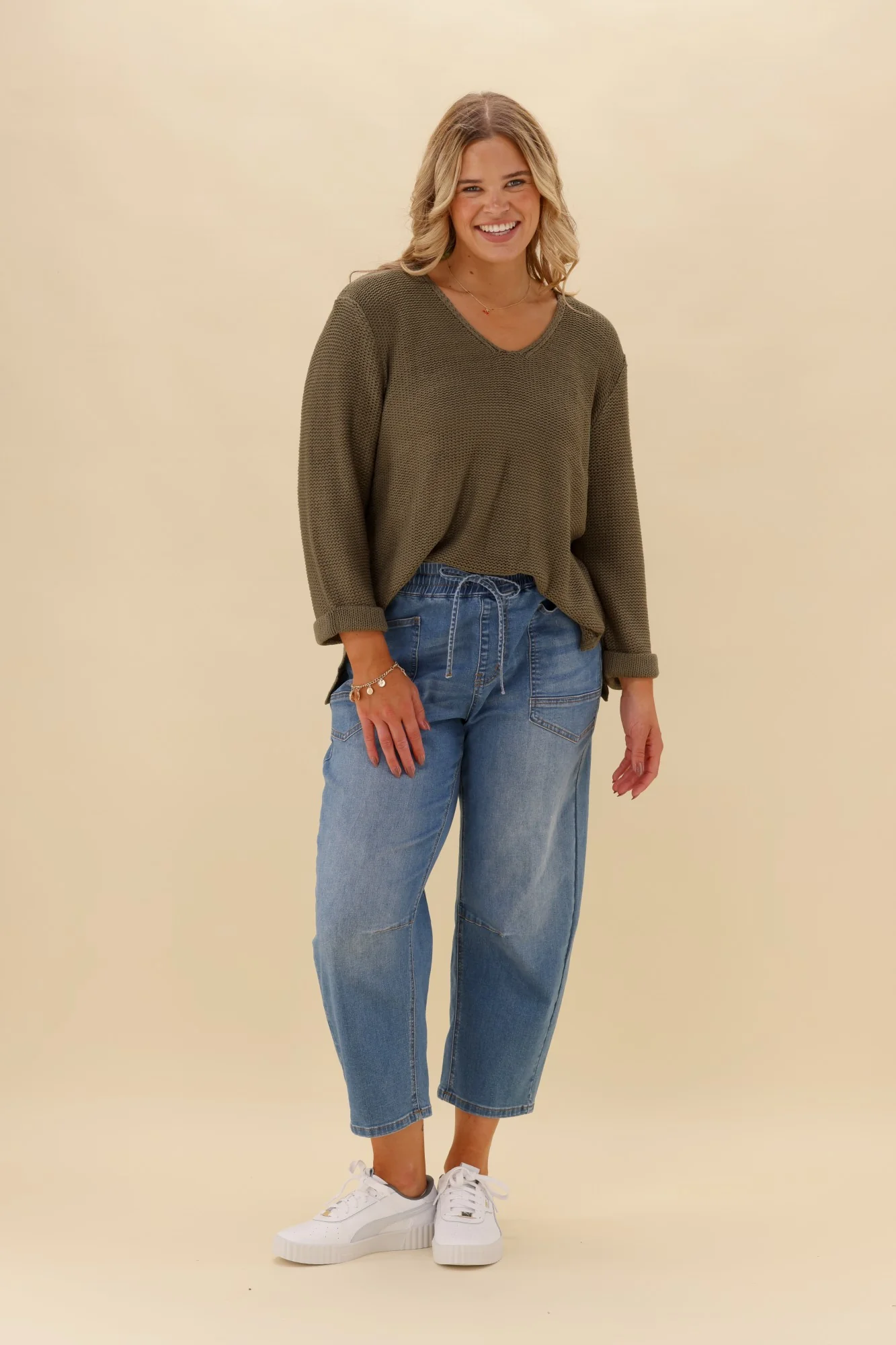 Silver Wishes Roll Up Sleeve Knit Top Khaki - Image 4