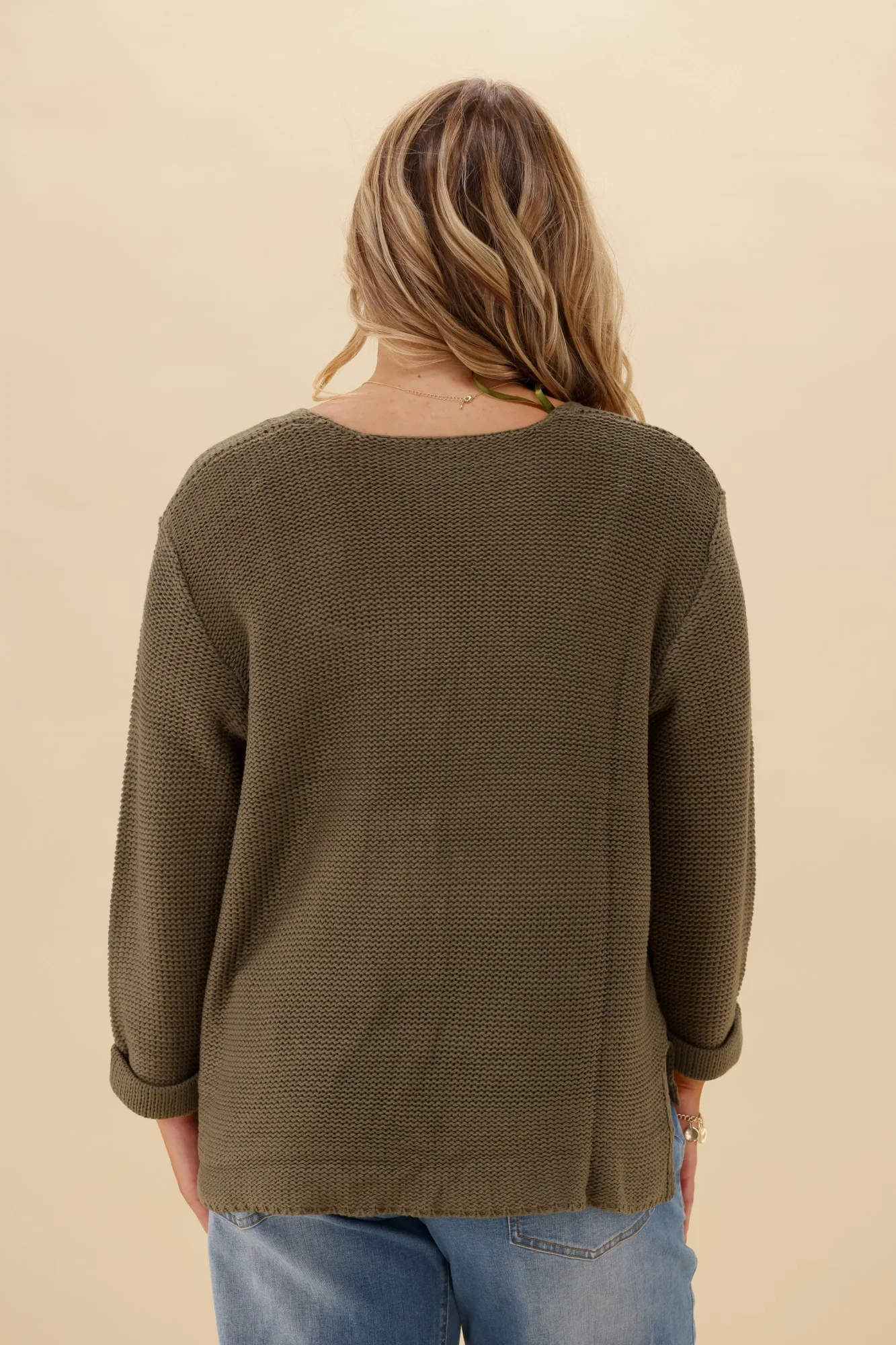 Silver Wishes Roll Up Sleeve Knit Top Khaki - Image 5