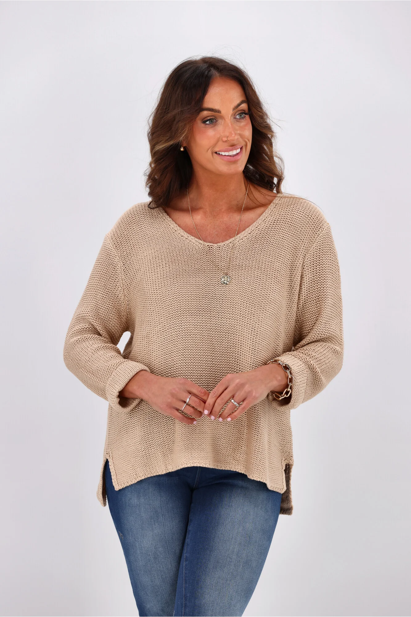 Silver Wishes Roll Up Sleeve Knit Top Mocha - Image 3
