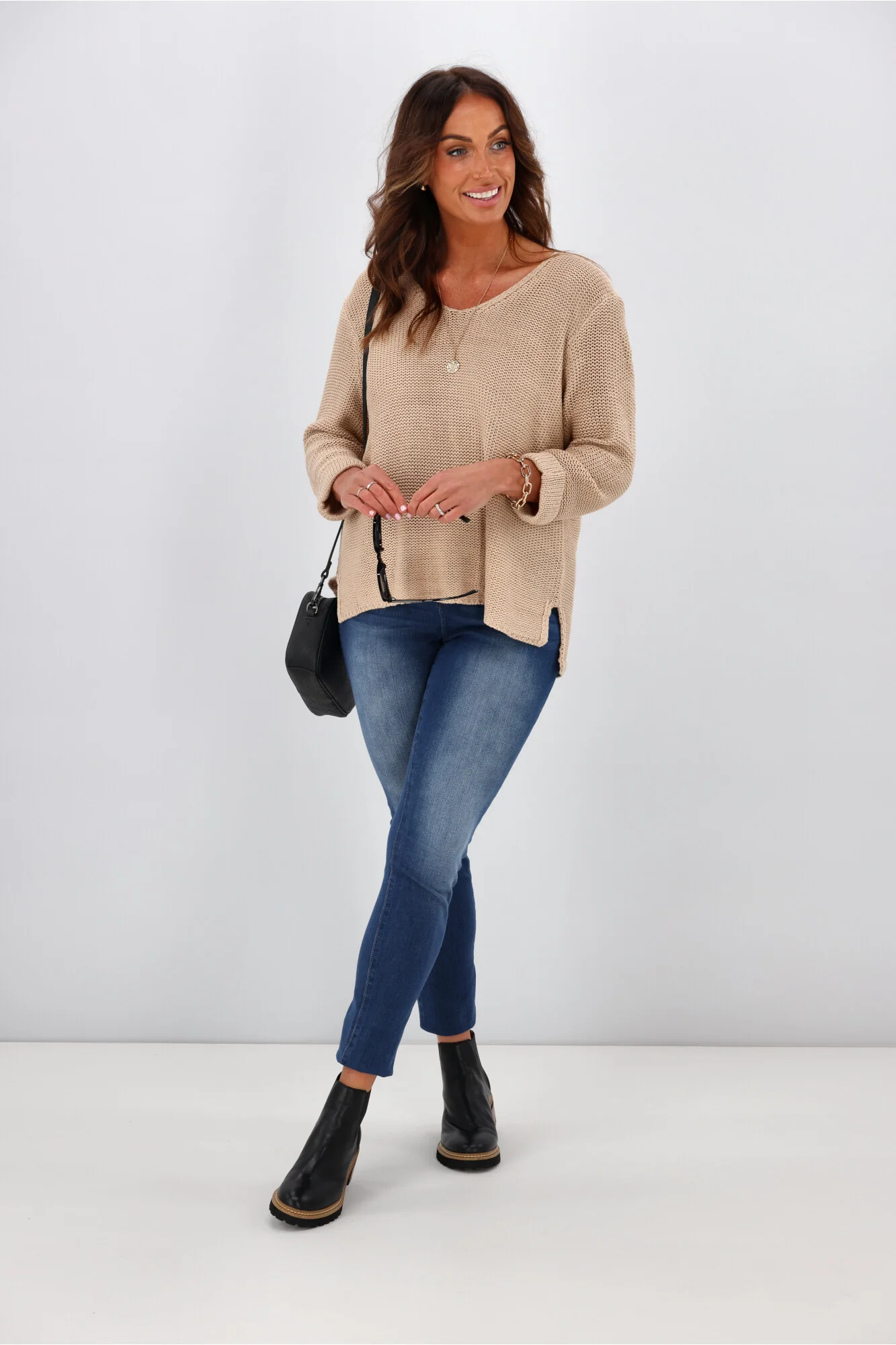 Silver Wishes Roll Up Sleeve Knit Top Mocha - Image 5