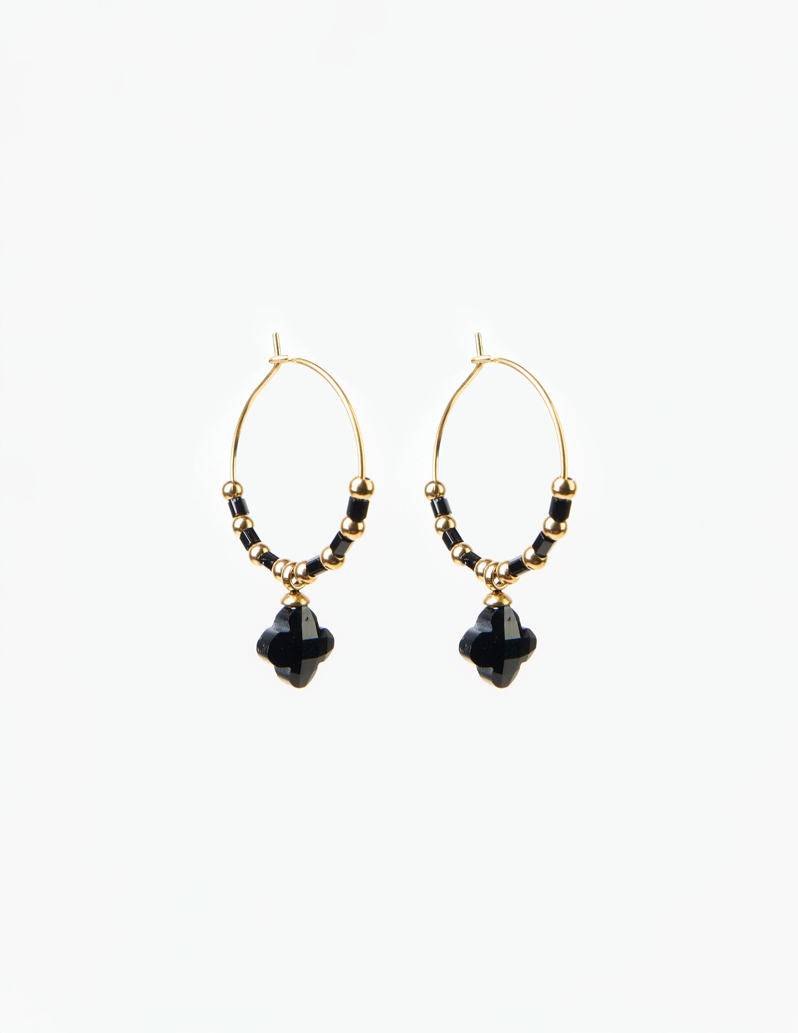 Stella + Gemma Earrings Clover Gold Hoop And Black Beads