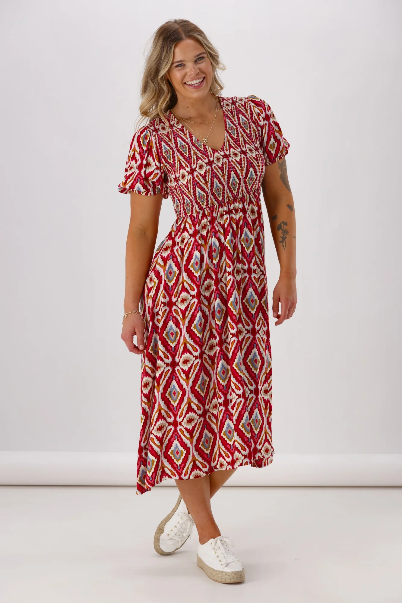 Sunday Boho Acalaide Dress Pink Red Print - Image 3