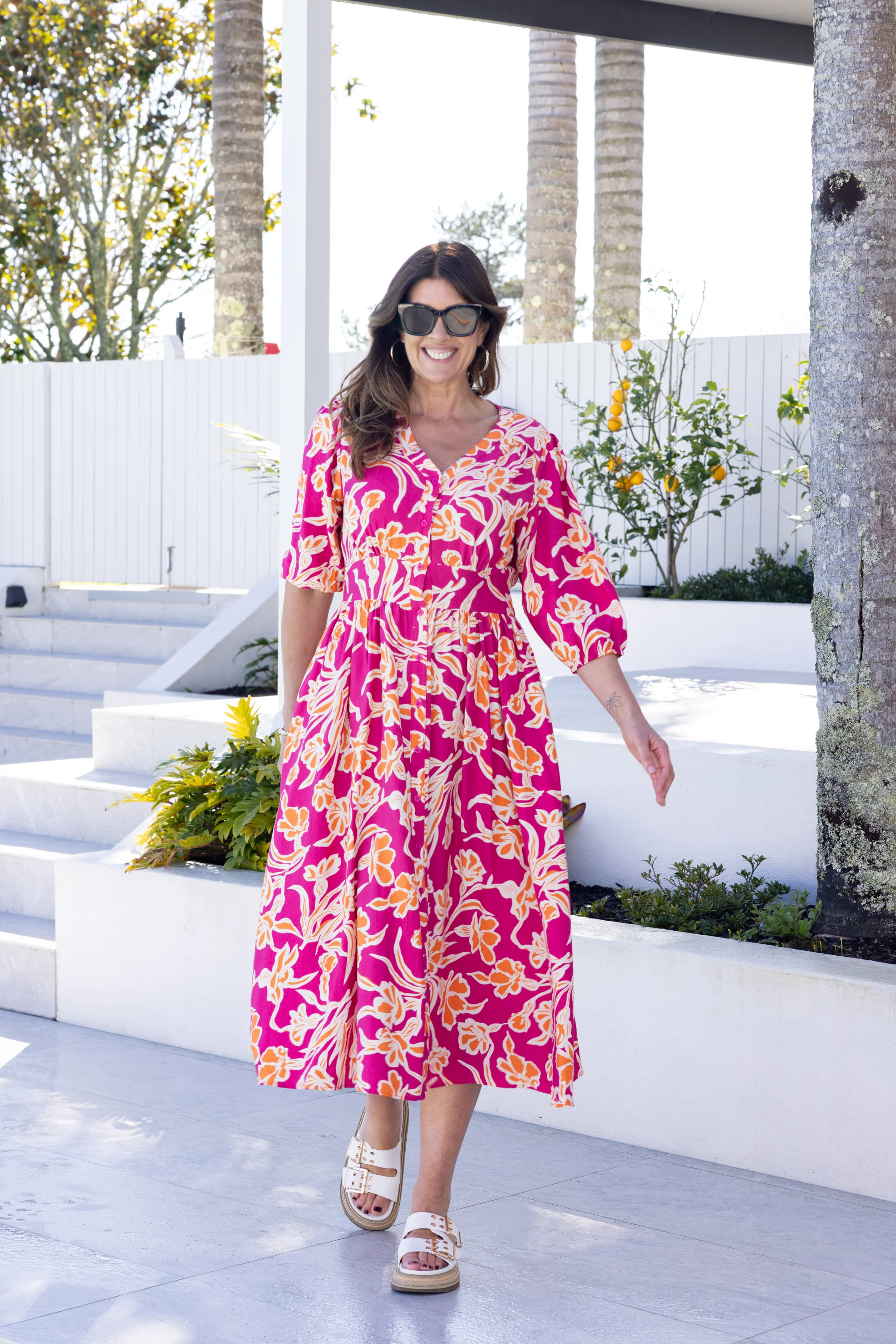 Sunday Boho Akari Dress Print Fuschia Orange Floral