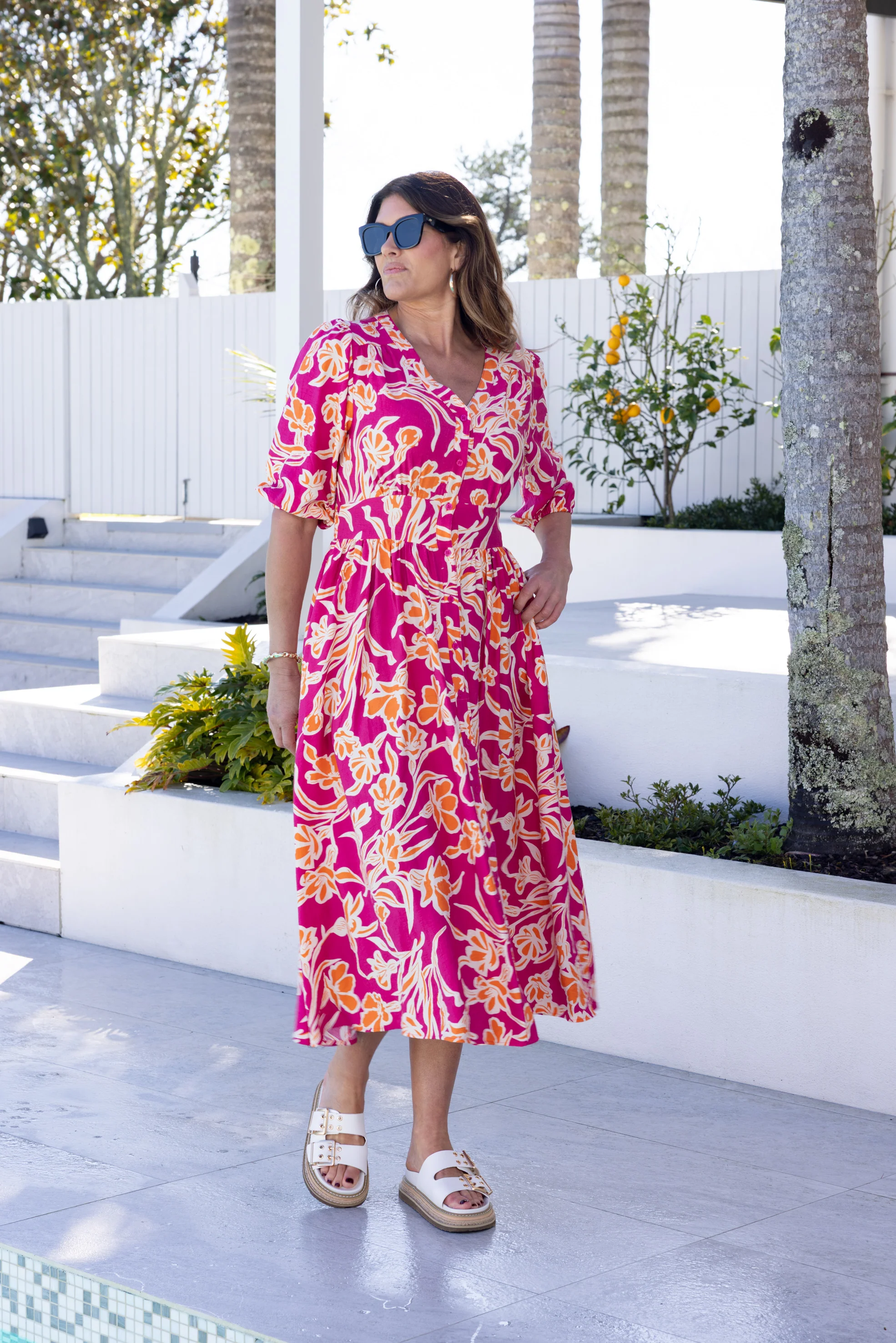 Sunday Boho Akari Dress Print Fuschia Orange Floral - Image 7