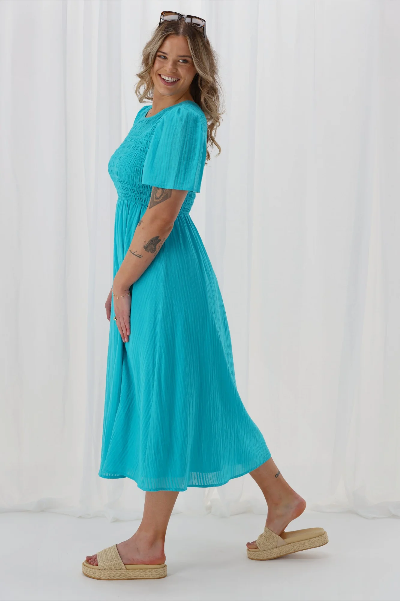 Sunday Boho Amy Flutter Sleeve Shirred Maxi Dress Aqua Blue - Image 10
