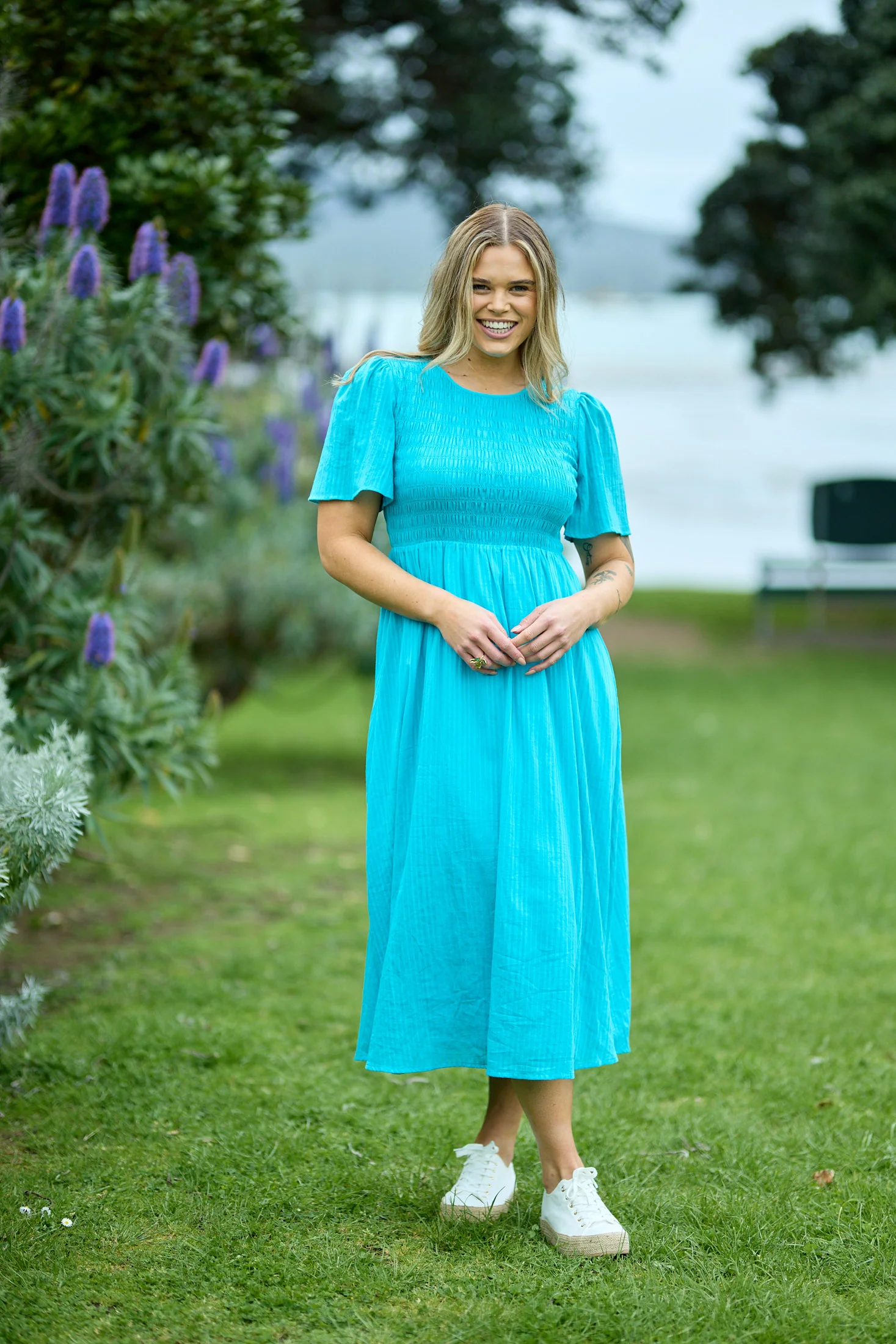 Sunday Boho Amy Flutter Sleeve Shirred Maxi Dress Aqua Blue - Image 2