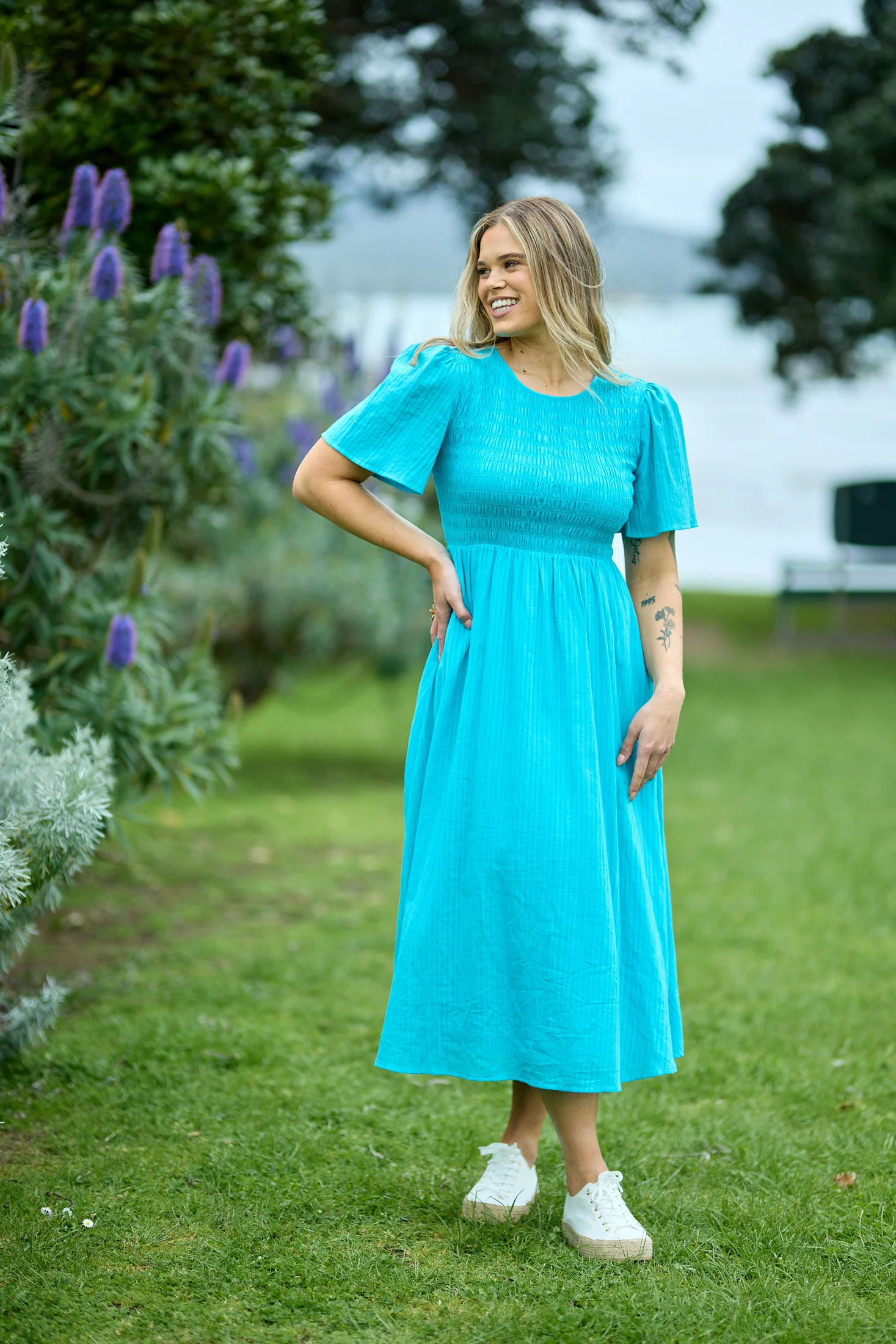 Sunday Boho Amy Flutter Sleeve Shirred Maxi Dress Aqua Blue - Image 3