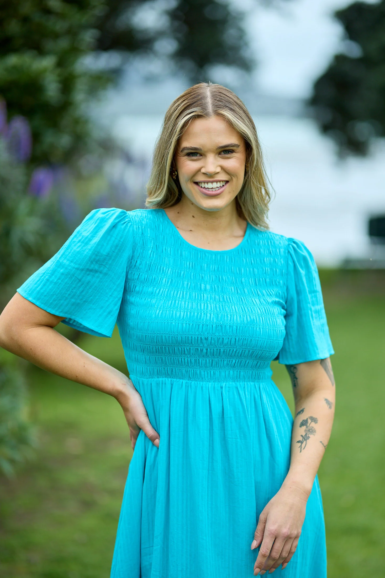 Sunday Boho Amy Flutter Sleeve Shirred Maxi Dress Aqua Blue - Image 4