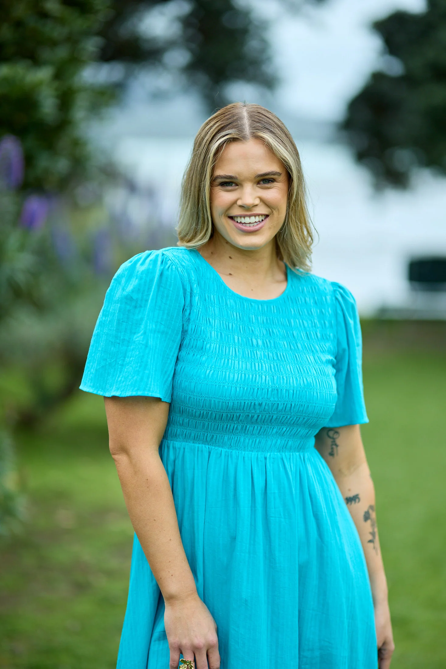 Sunday Boho Amy Flutter Sleeve Shirred Maxi Dress Aqua Blue - Image 5
