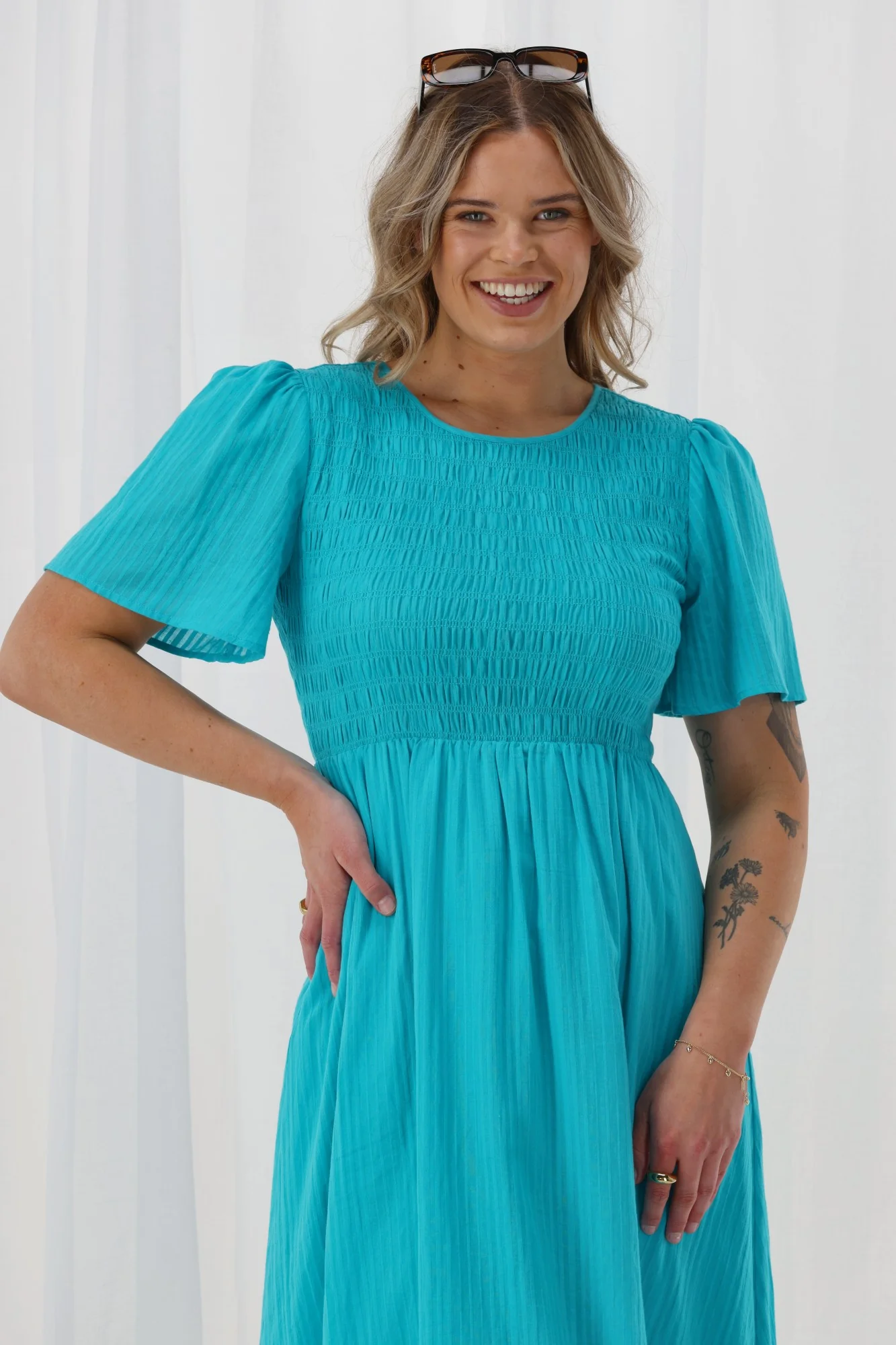 Sunday Boho Amy Flutter Sleeve Shirred Maxi Dress Aqua Blue - Image 7