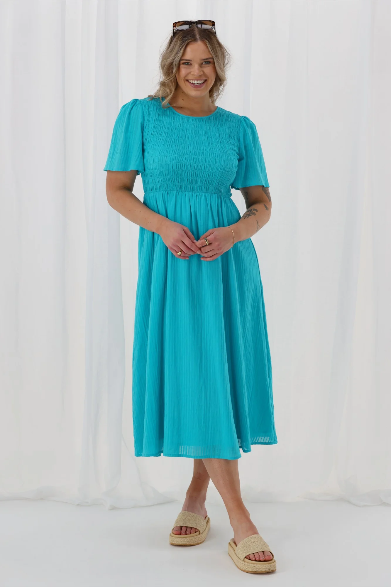 Sunday Boho Amy Flutter Sleeve Shirred Maxi Dress Aqua Blue - Image 8
