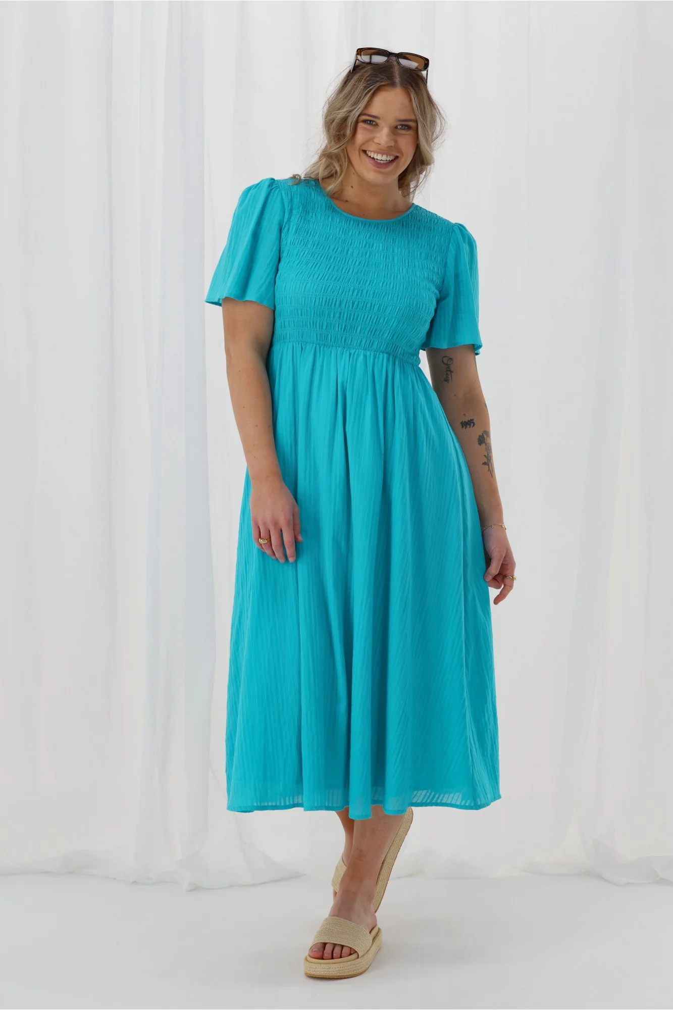 Sunday Boho Amy Flutter Sleeve Shirred Maxi Dress Aqua Blue - Image 9