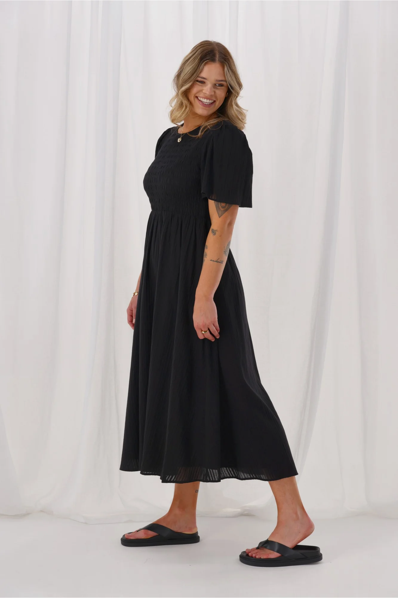 Sunday Boho Amy Flutter Sleeve Shirred Maxi Dress Black - Image 5