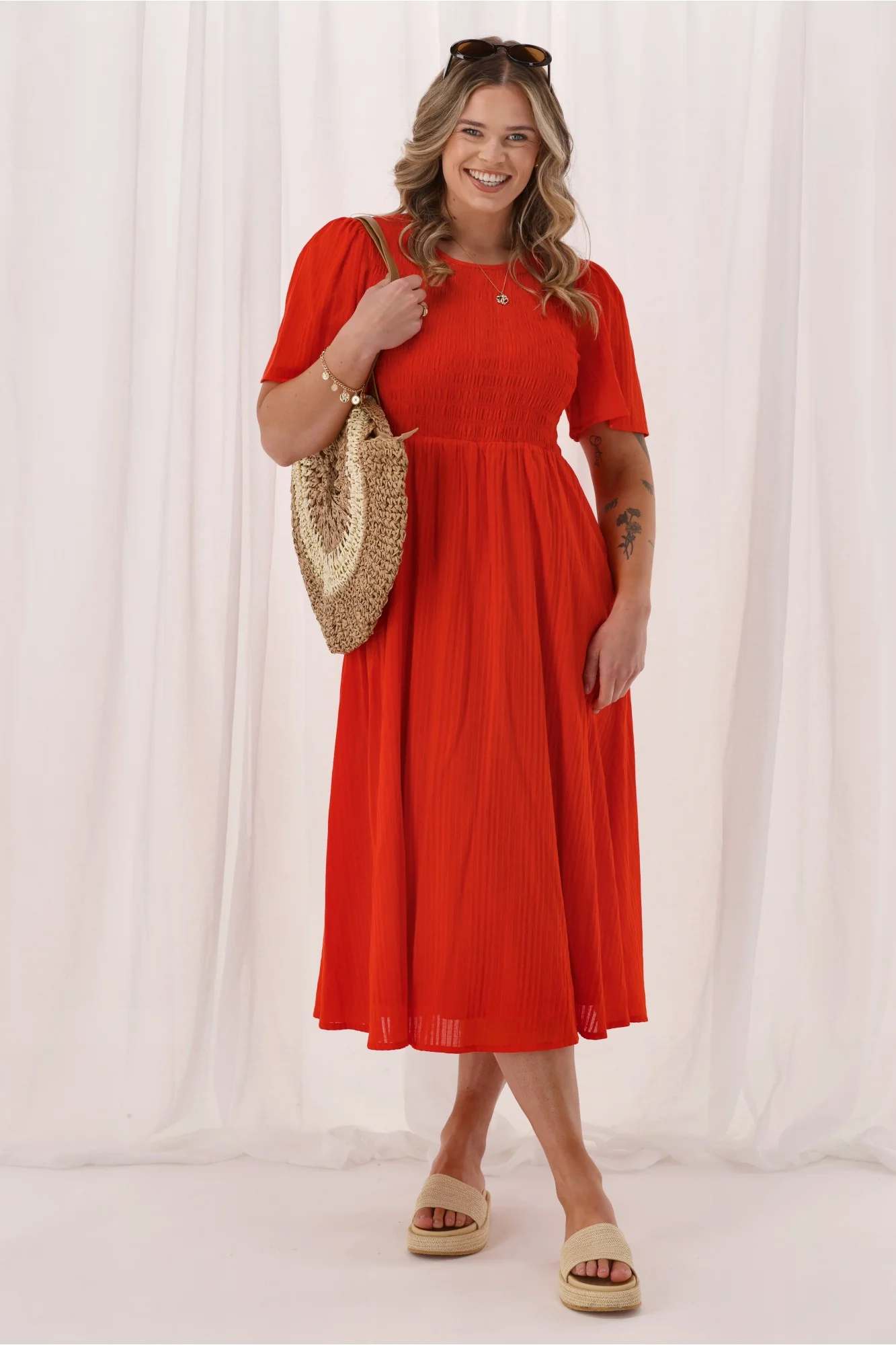 Sunday Boho Amy Flutter Sleeve Shirred Maxi Dress Red